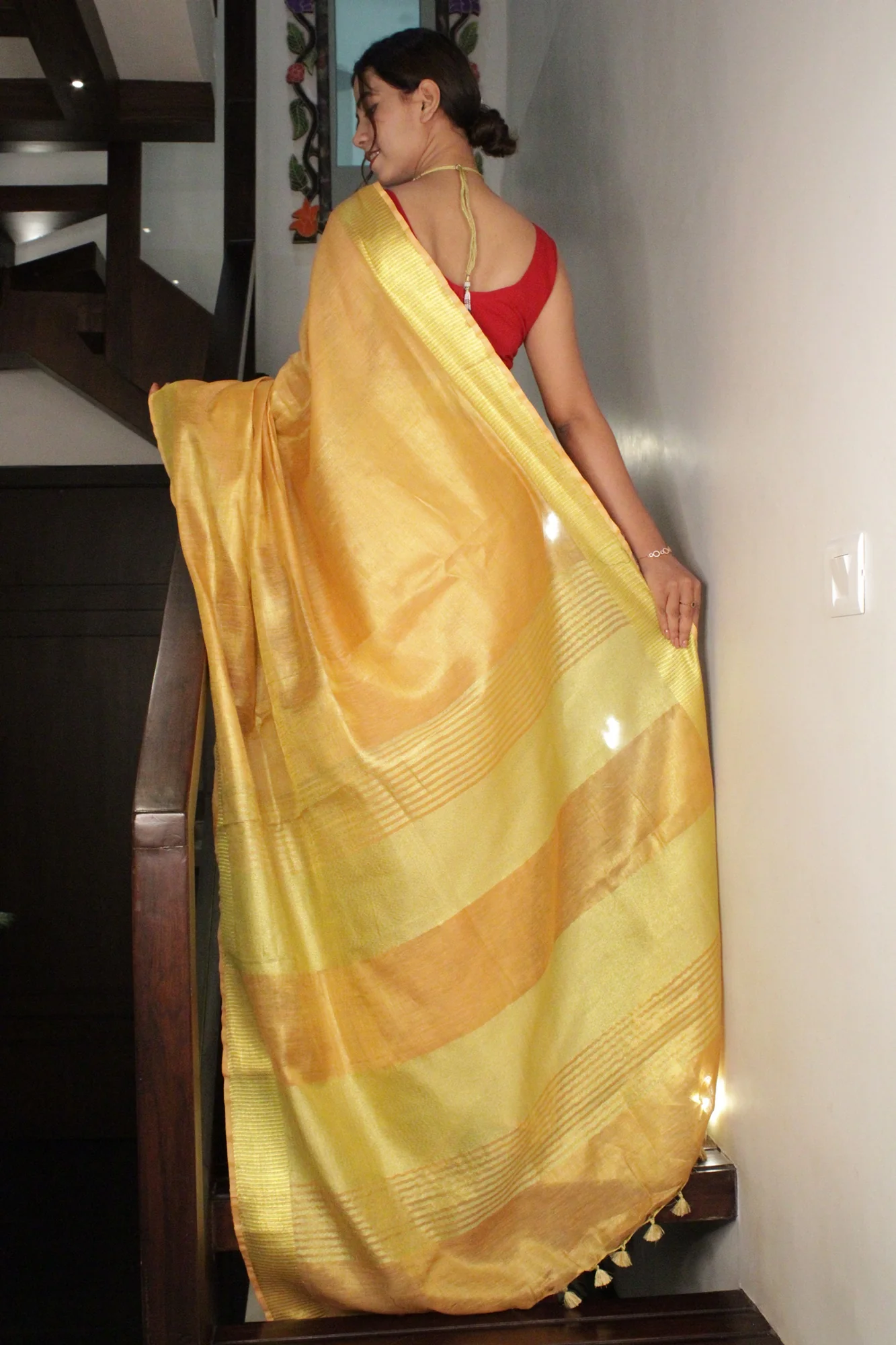 Golden linen slub classy wrap in 1 minute saree - Image 3