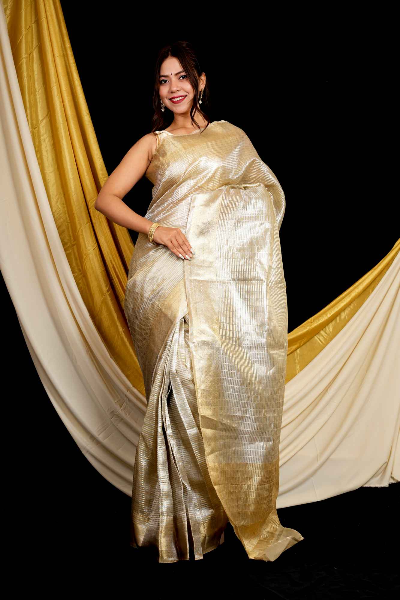 Golden Soft Tissue Silk with Geometric Patterns & Decorative Border Ready To Wear Saree - Image 8
