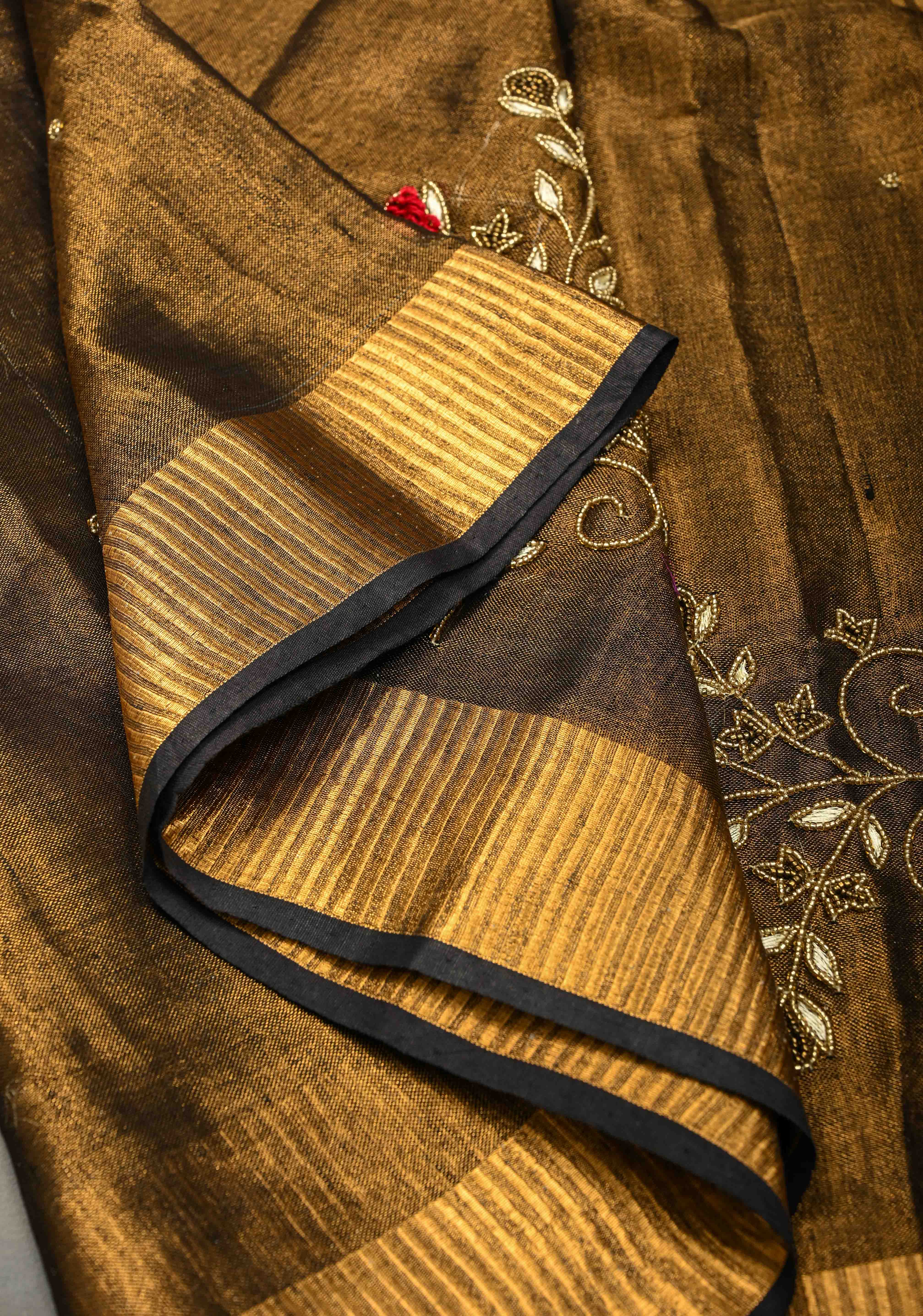 Hand Embroidery and Beadwork in copper and Black on Tissue Linen Saree | Shobitam - Image 6