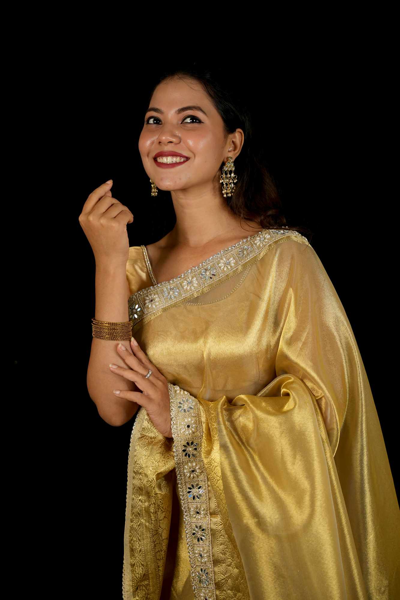 Golden Tissue Silk with Intricate Weaving & Mirror-Work Border Ready To Wear Saree - Image 8