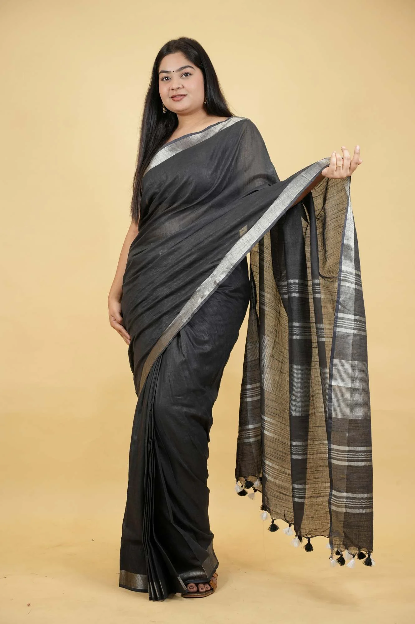 Gorgeous Black Linen Cotton Ready To Wear Saree - Image 2