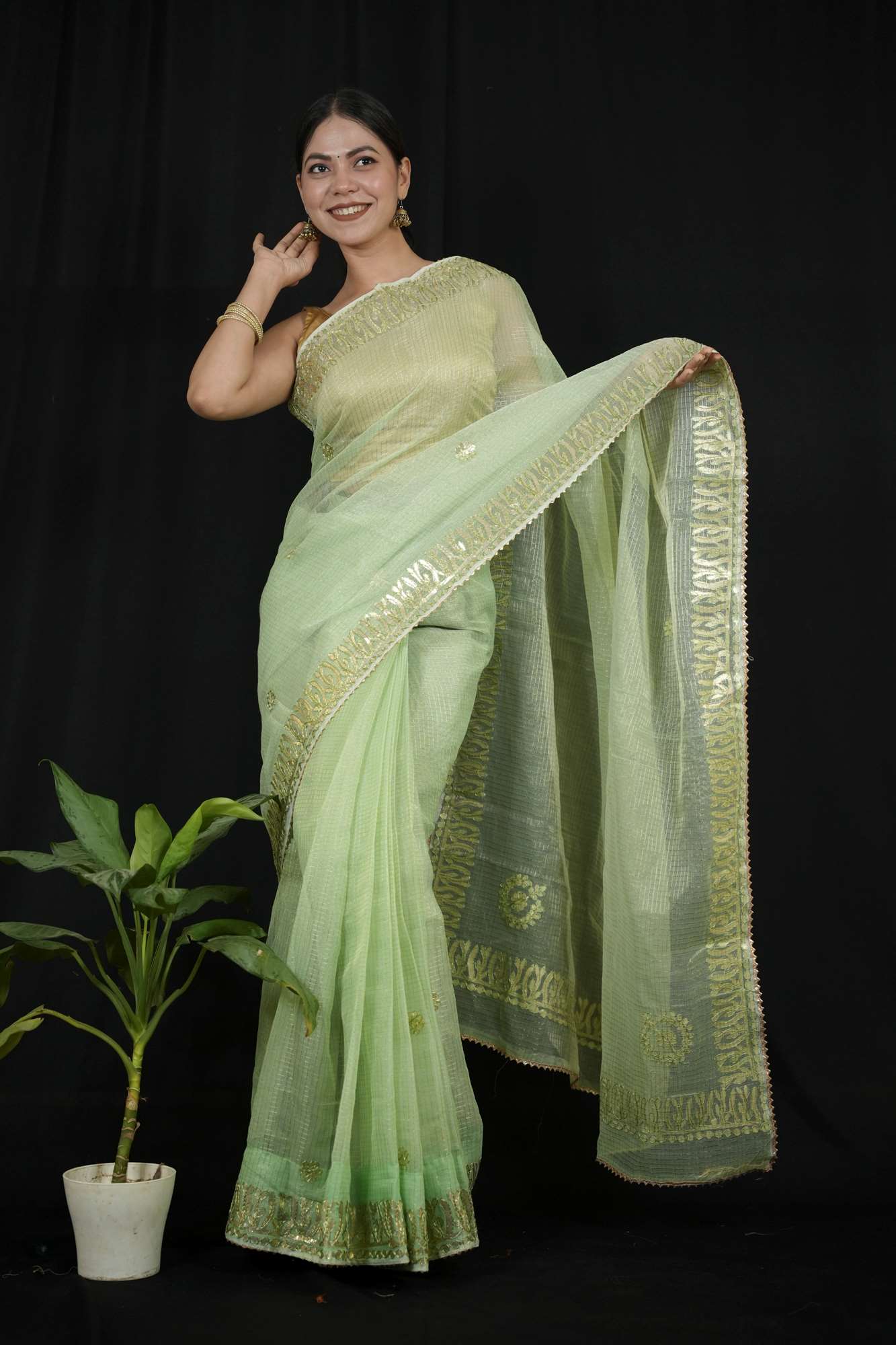 Gorgeous Green Kota Doriya Cotton with Thread Embroidery & beautiful Rajasthani Gota Patti  Wrap in 1 minute Saree - Image 2