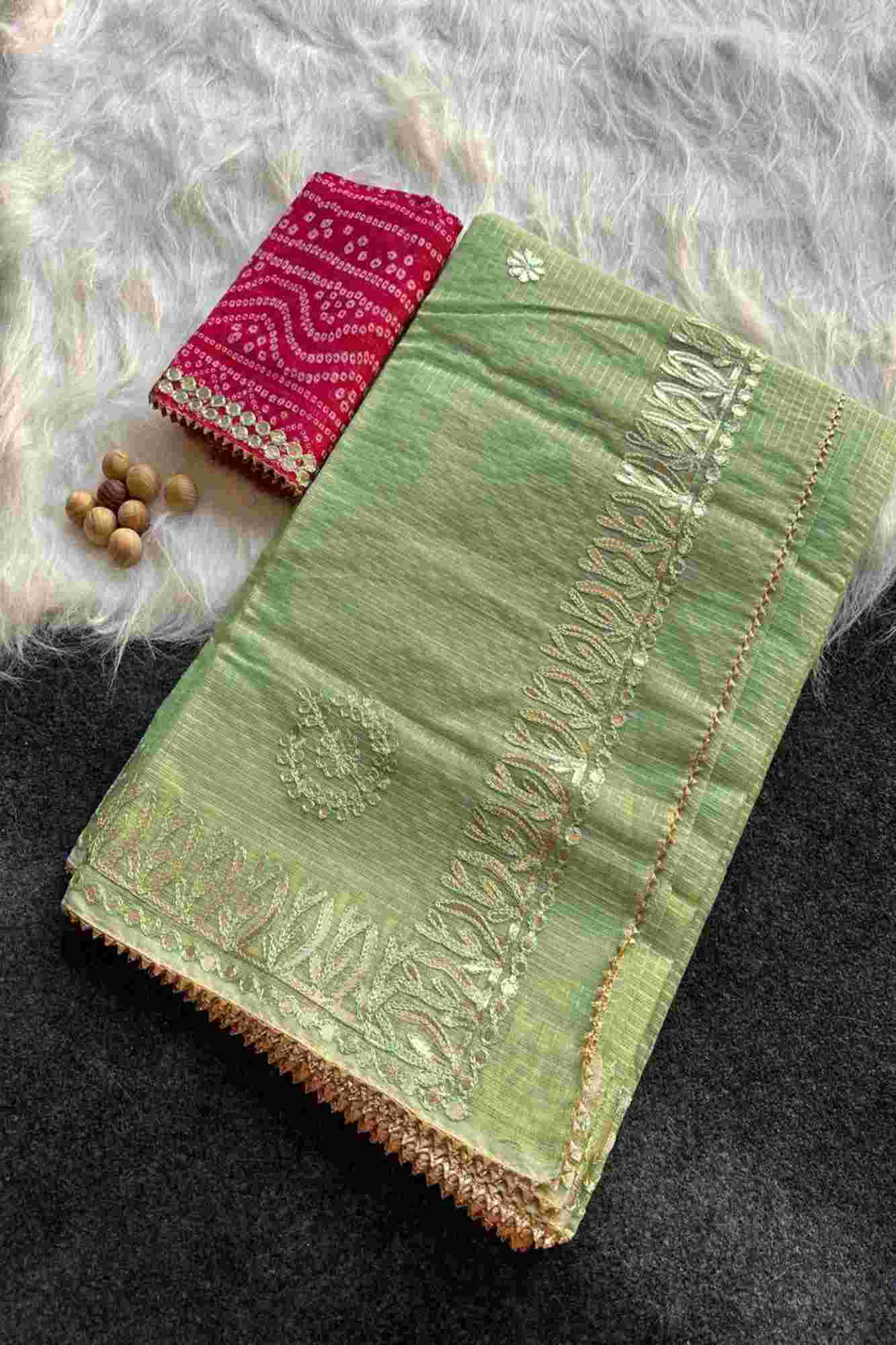 Gorgeous Green Kota Doriya Cotton with Thread Embroidery & beautiful Rajasthani Gota Patti  Wrap in 1 minute Saree - Image 8