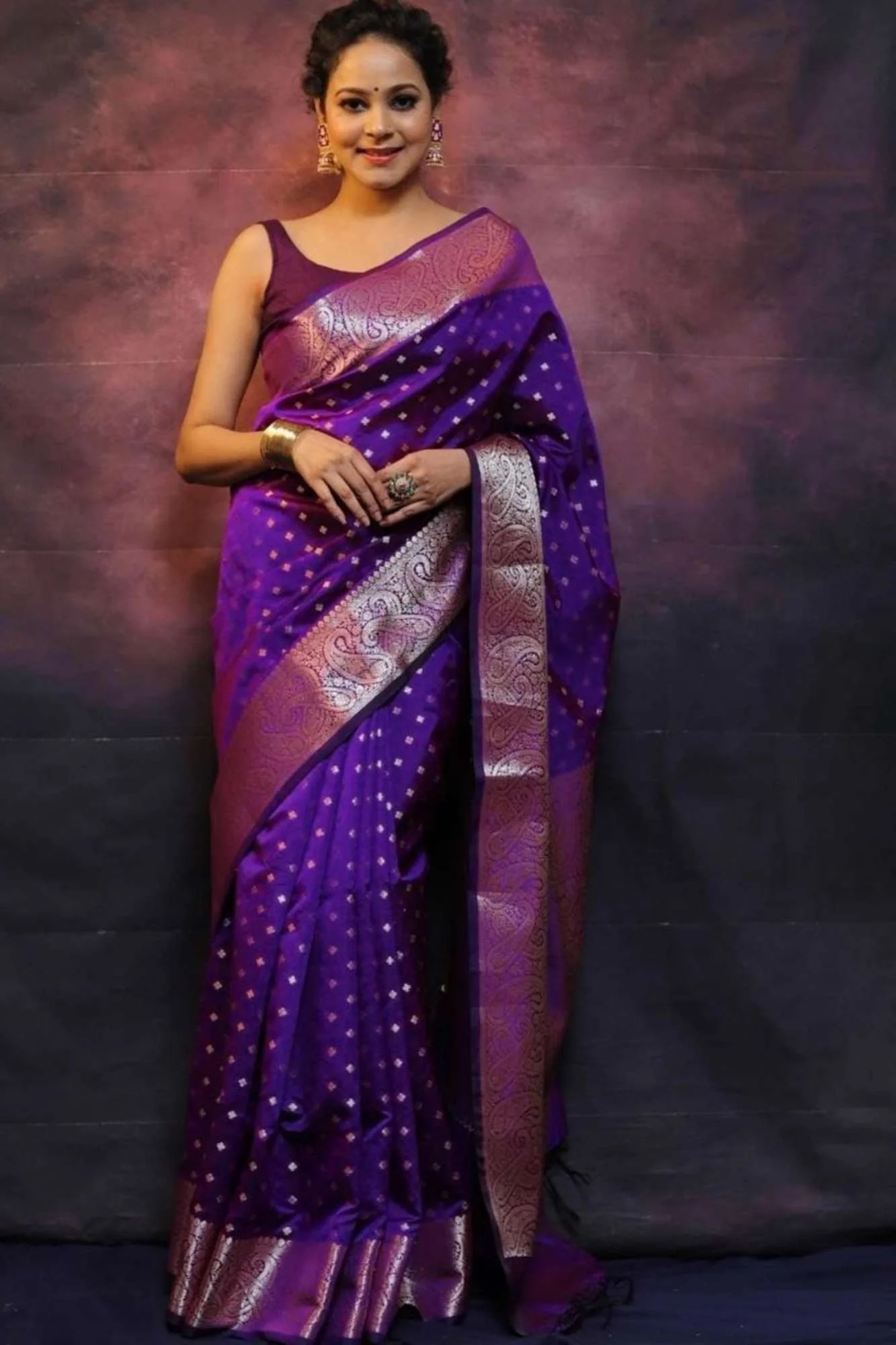 Gorgeous Purple Banarasi Soft Tissue Silk with Allover Zari Weaving , Paisley or Floral motifs & Weaving Pallu Wrap in 1 minute Saree - Image 10