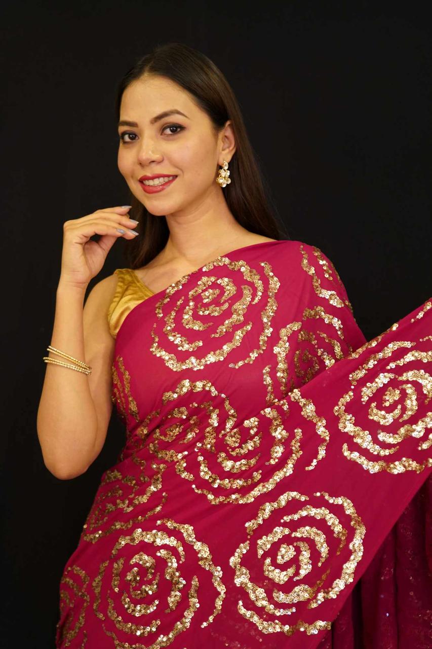 Gorgeous Pink  Crepe Half & Half with  Roses sequinned work Wrap in 1 Minute Saree - Image 6
