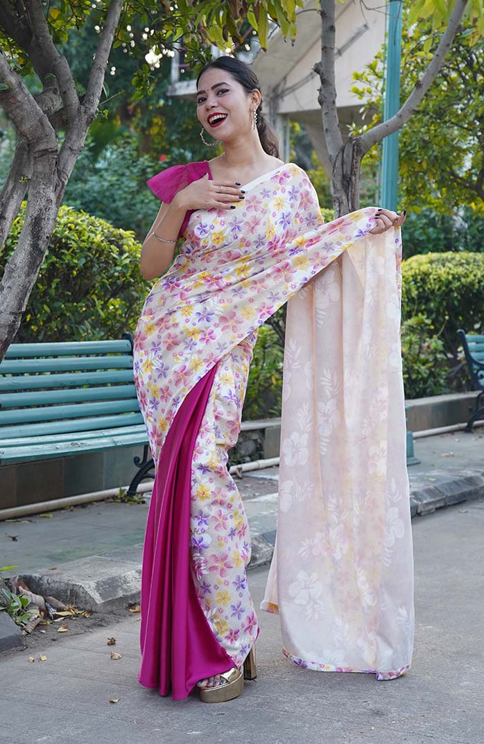 Gorgeous shimmery sequins woven with floral print pallu with satin half and half wrap in 1 minute saree - Image 12