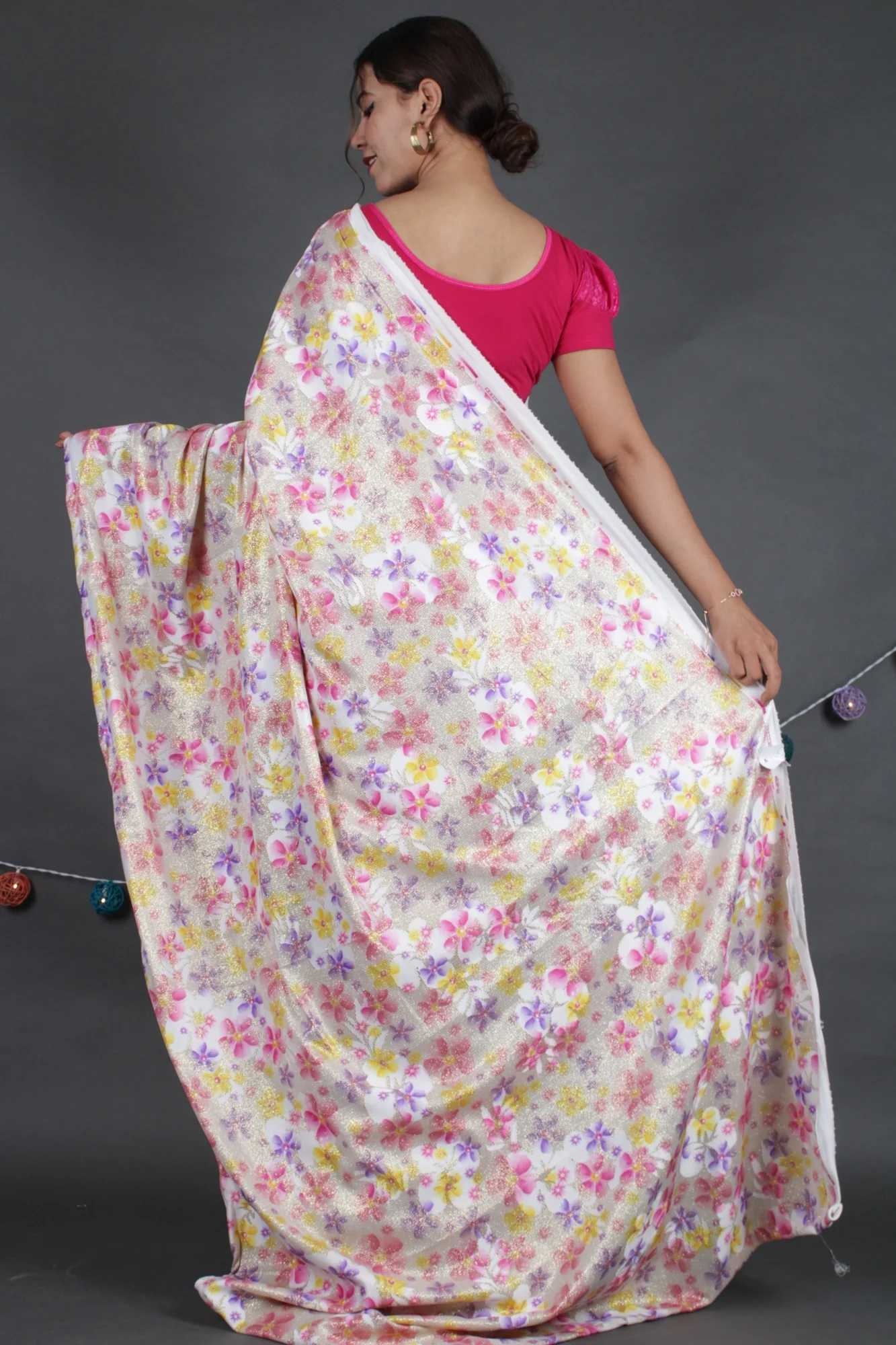 Gorgeous shimmery sequins woven with floral print pallu with satin half and half wrap in 1 minute saree - Image 3