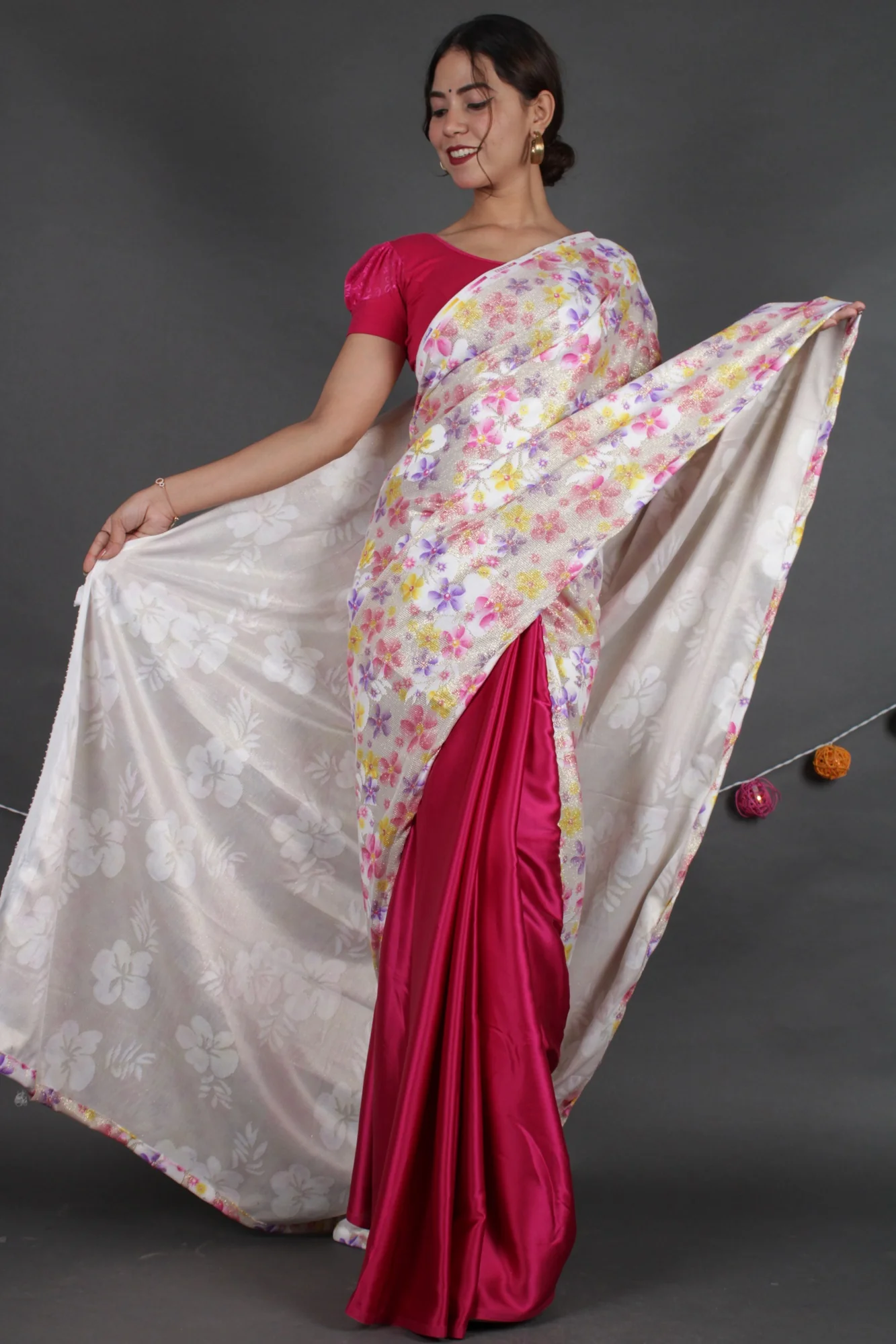 Gorgeous shimmery sequins woven with floral print pallu with satin half and half wrap in 1 minute saree - Image 4