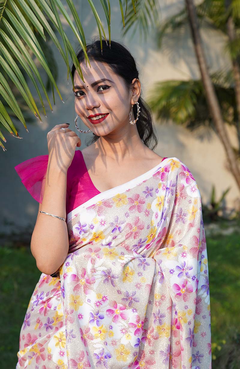 Gorgeous shimmery sequins woven with floral print pallu with satin half and half wrap in 1 minute saree - Image 6
