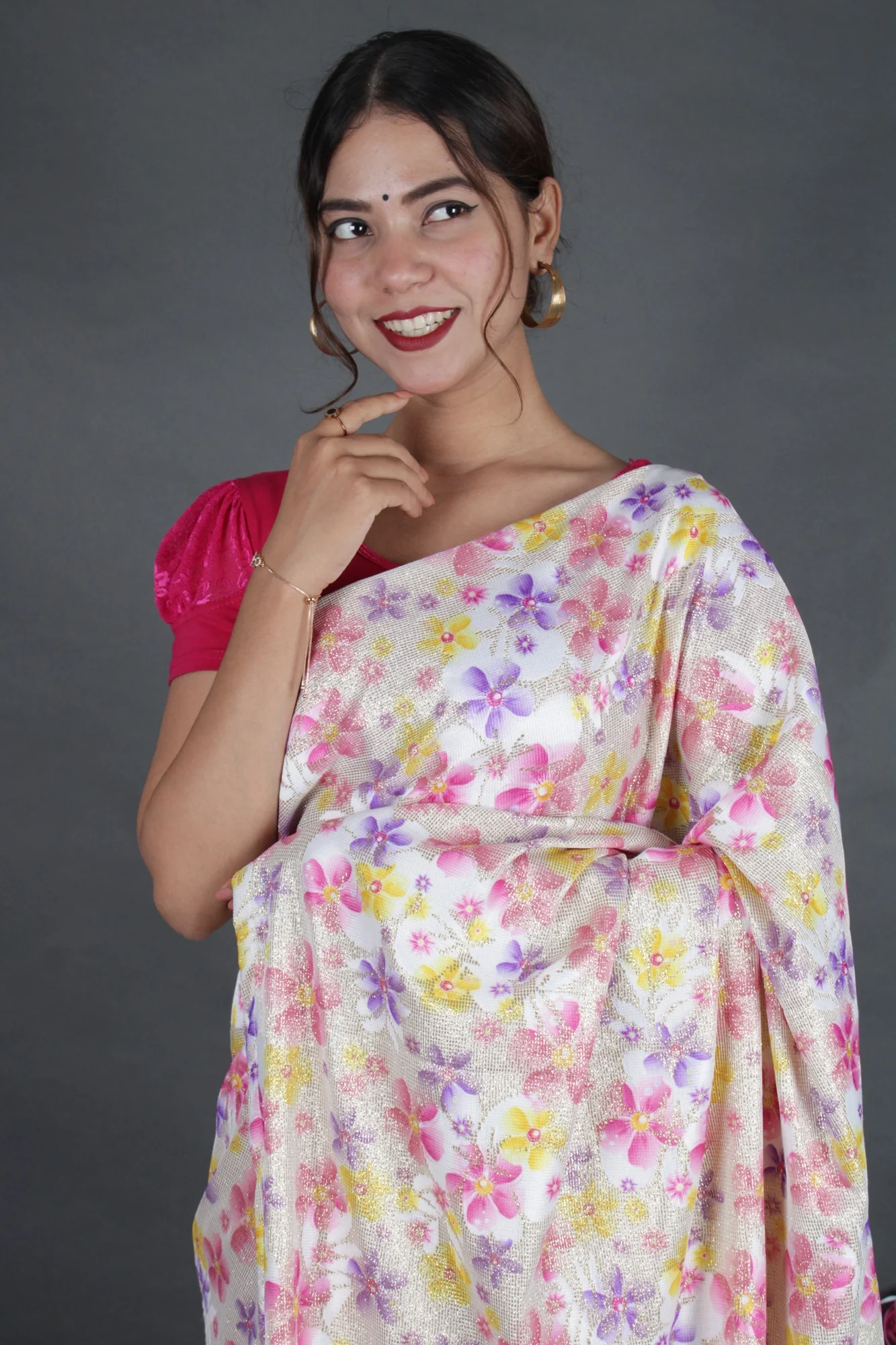 Gorgeous shimmery sequins woven with floral print pallu with satin half and half wrap in 1 minute saree - Image 7