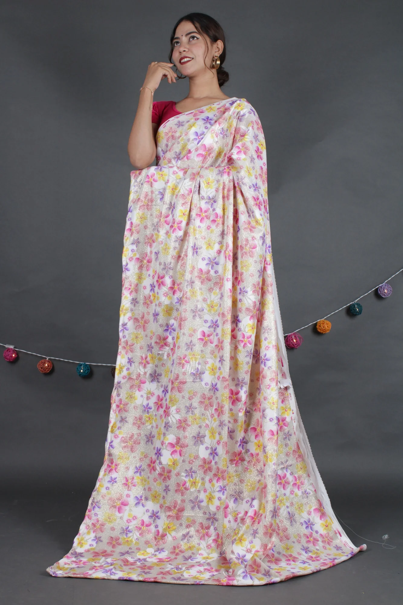 Gorgeous shimmery sequins woven with floral print pallu with satin half and half wrap in 1 minute saree - Image 8