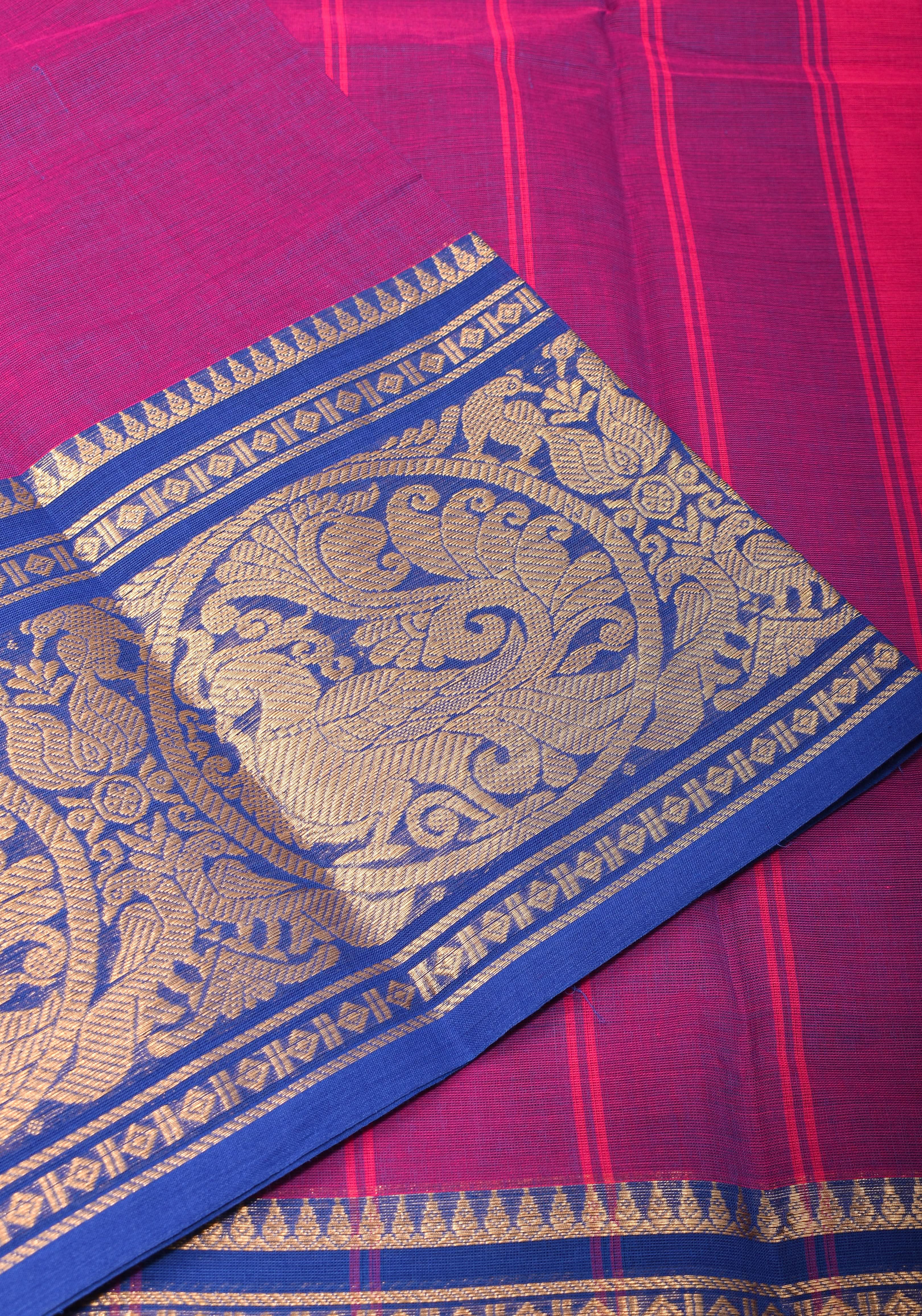 Purple-Blue Dual tone  Kanchi Cotton Saree with tradional zari borders on Blue base, No Blouse piece | Shobitam - Image 4