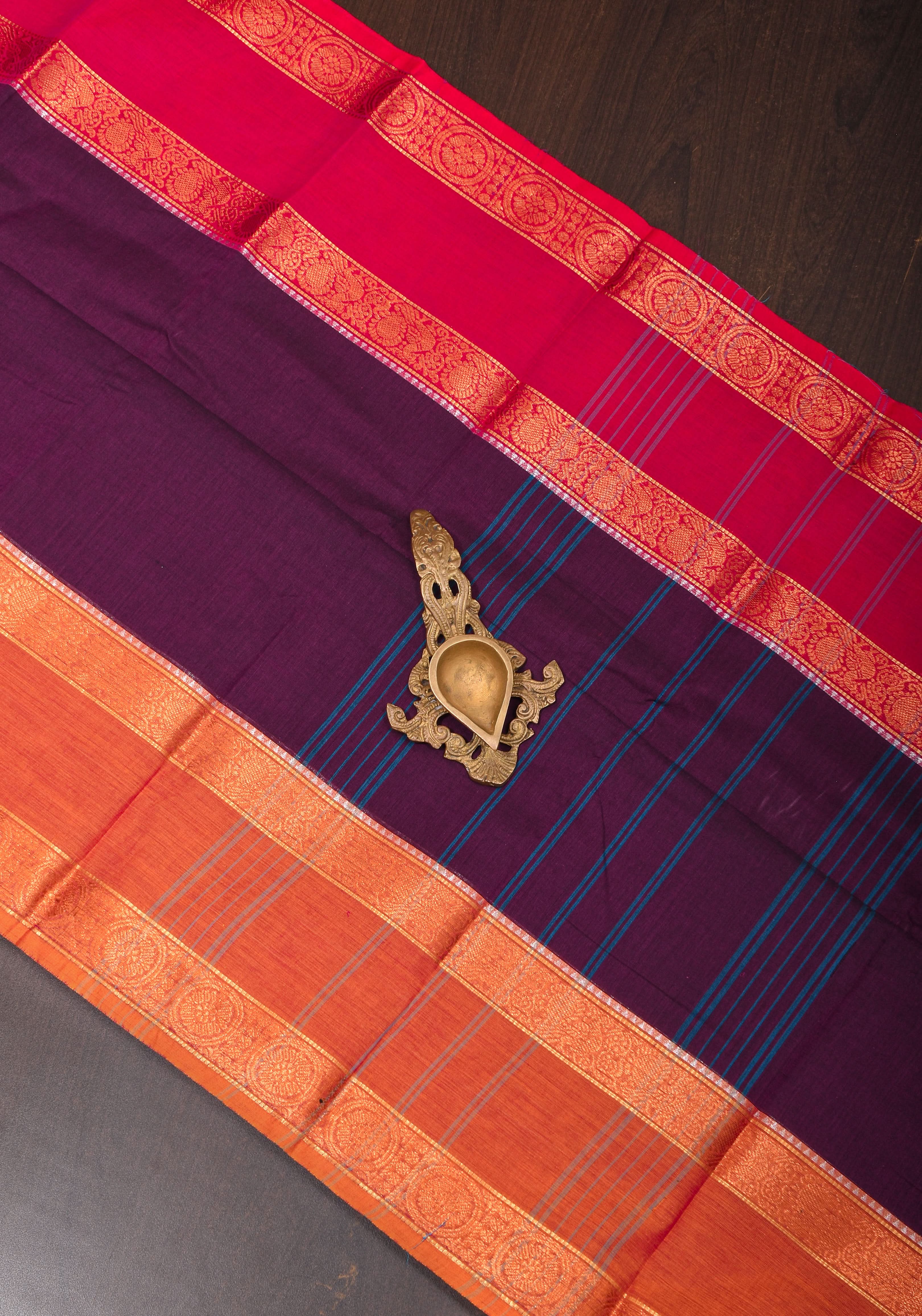 Eggplant Kanchi Cotton Saree with Ganga Jamuna zari border | Shobitam - Image 6