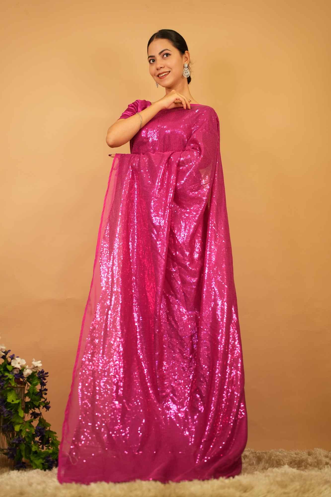 Gown Styled Saree With  Sequin Embellished Overall  Palla  Pre Drape Saree - Image 3