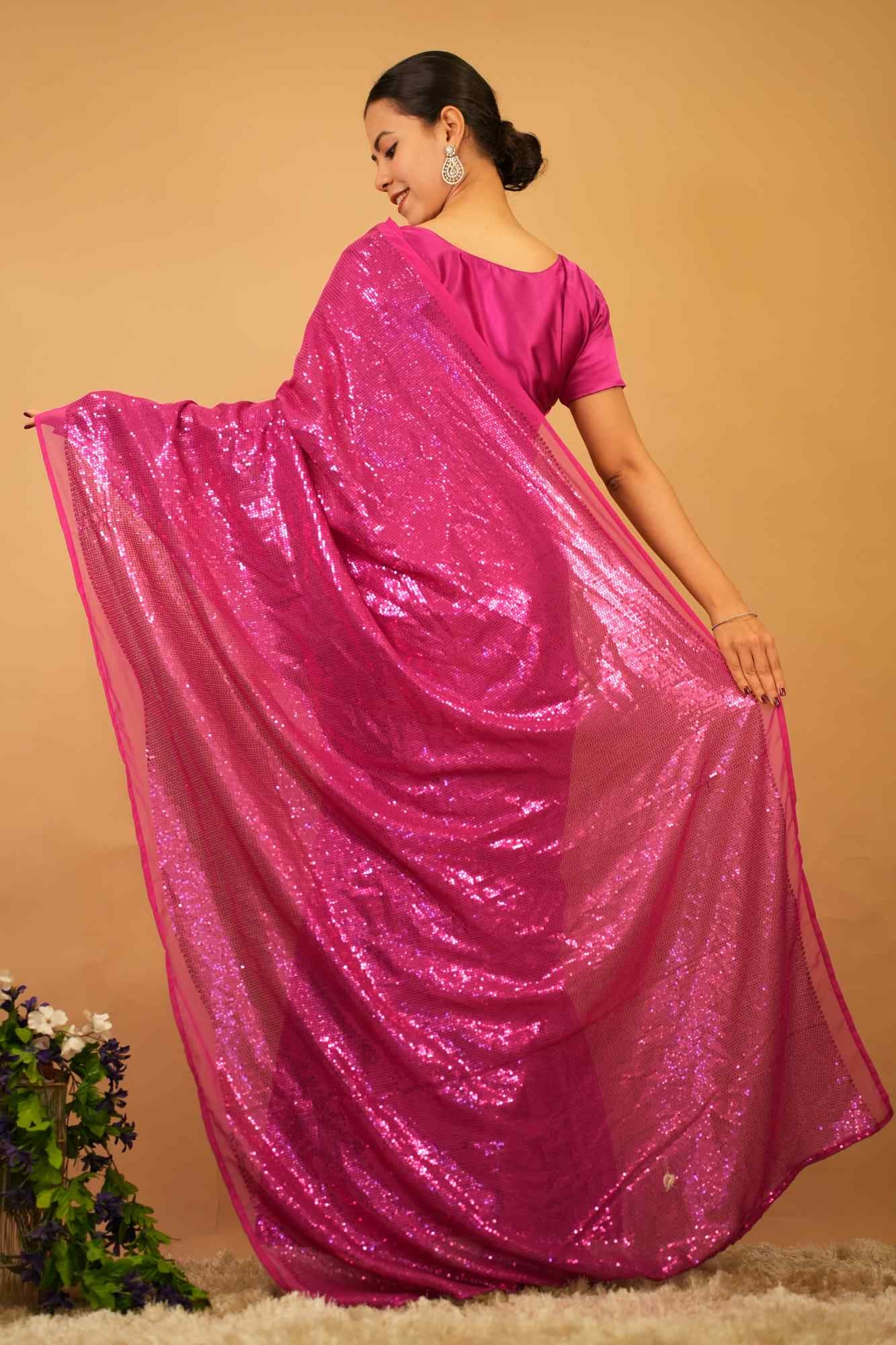 Gown Styled Saree With  Sequin Embellished Overall  Palla  Pre Drape Saree - Image 4
