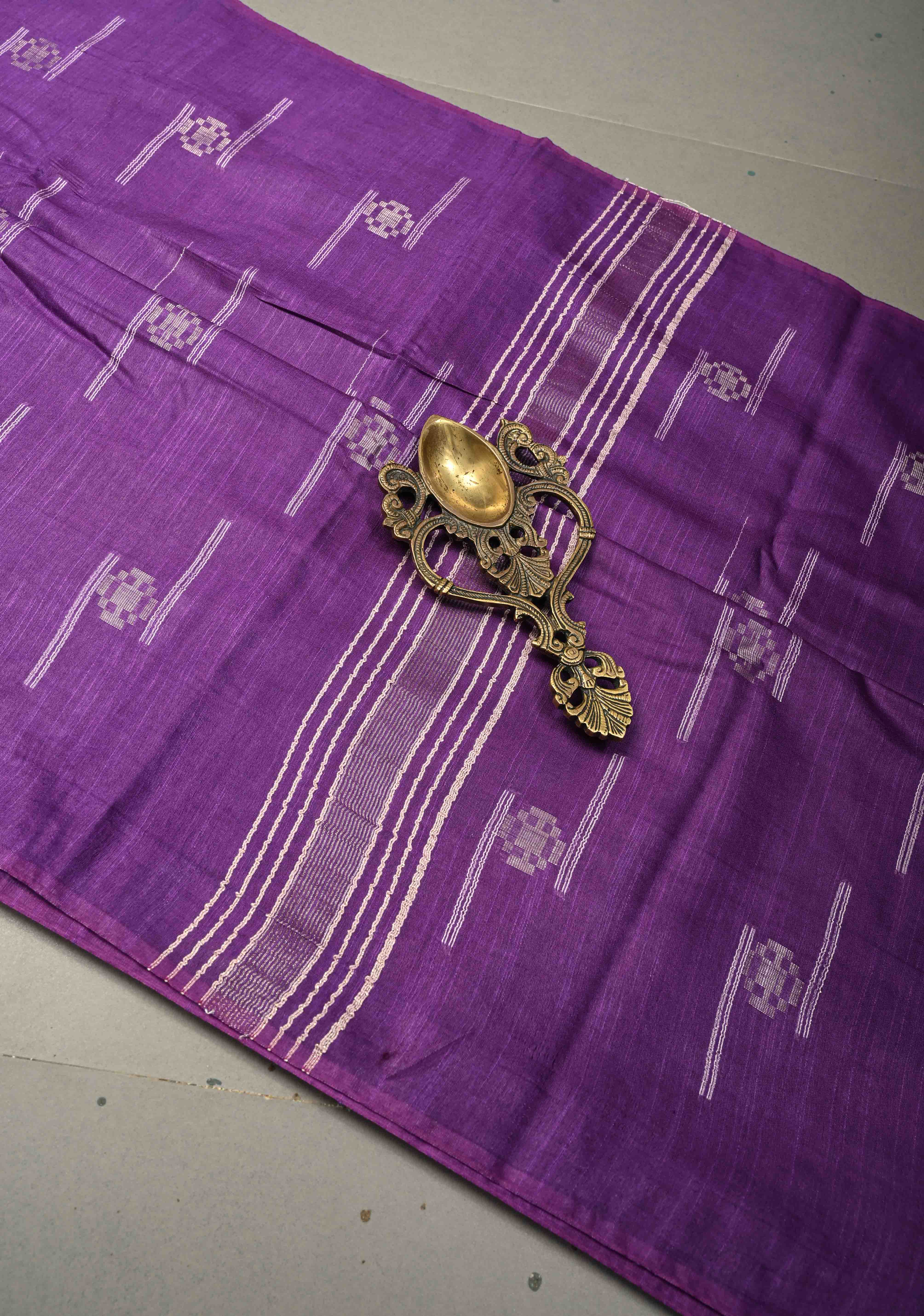 Grape Purple Borderless Semi Tussar Saree with Thread Stripes and Zari Buttas | Shobitam - Image 2