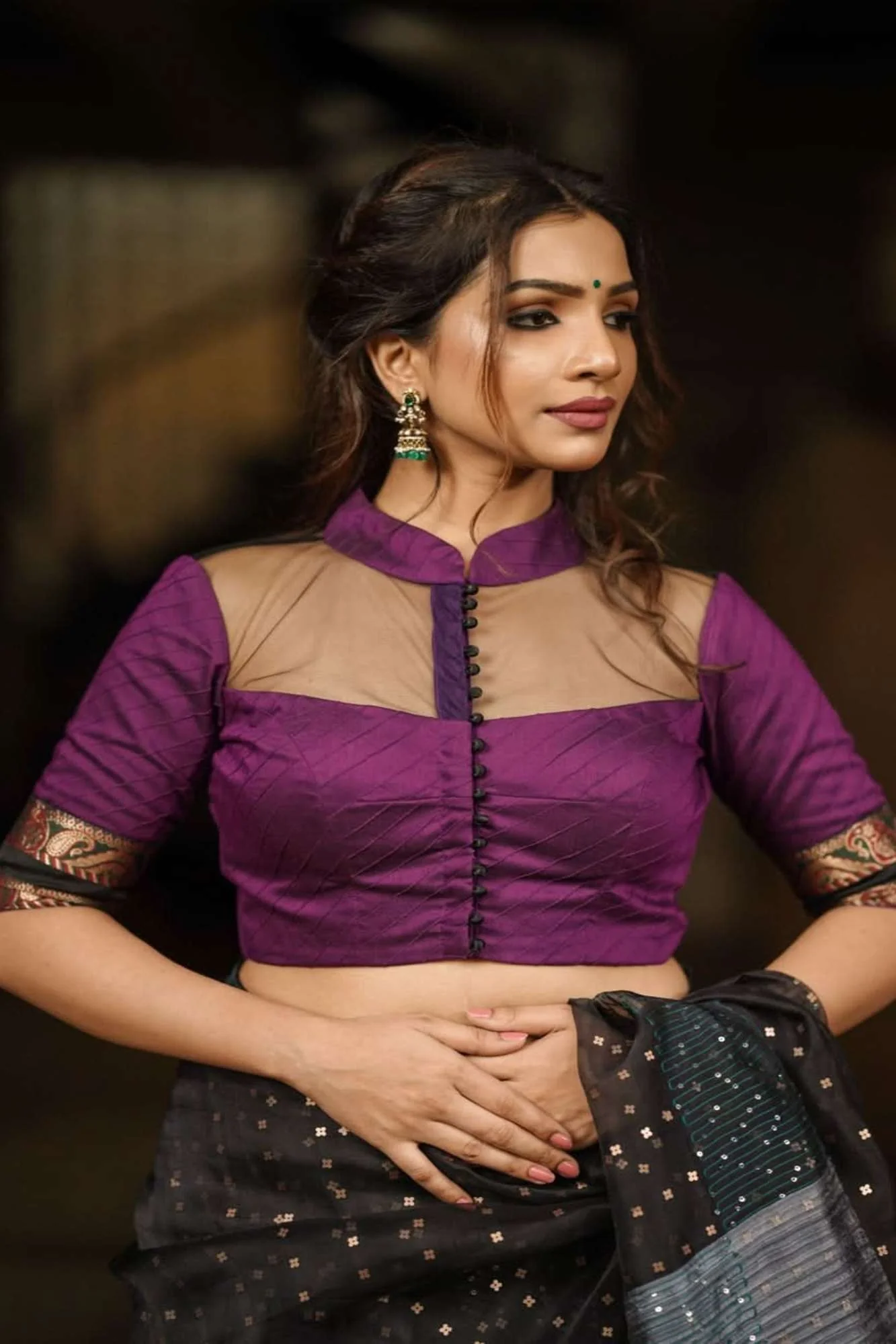 Grape rawsilk pintuck collar neck blouse with black net yoke, Made to Order - Image 2