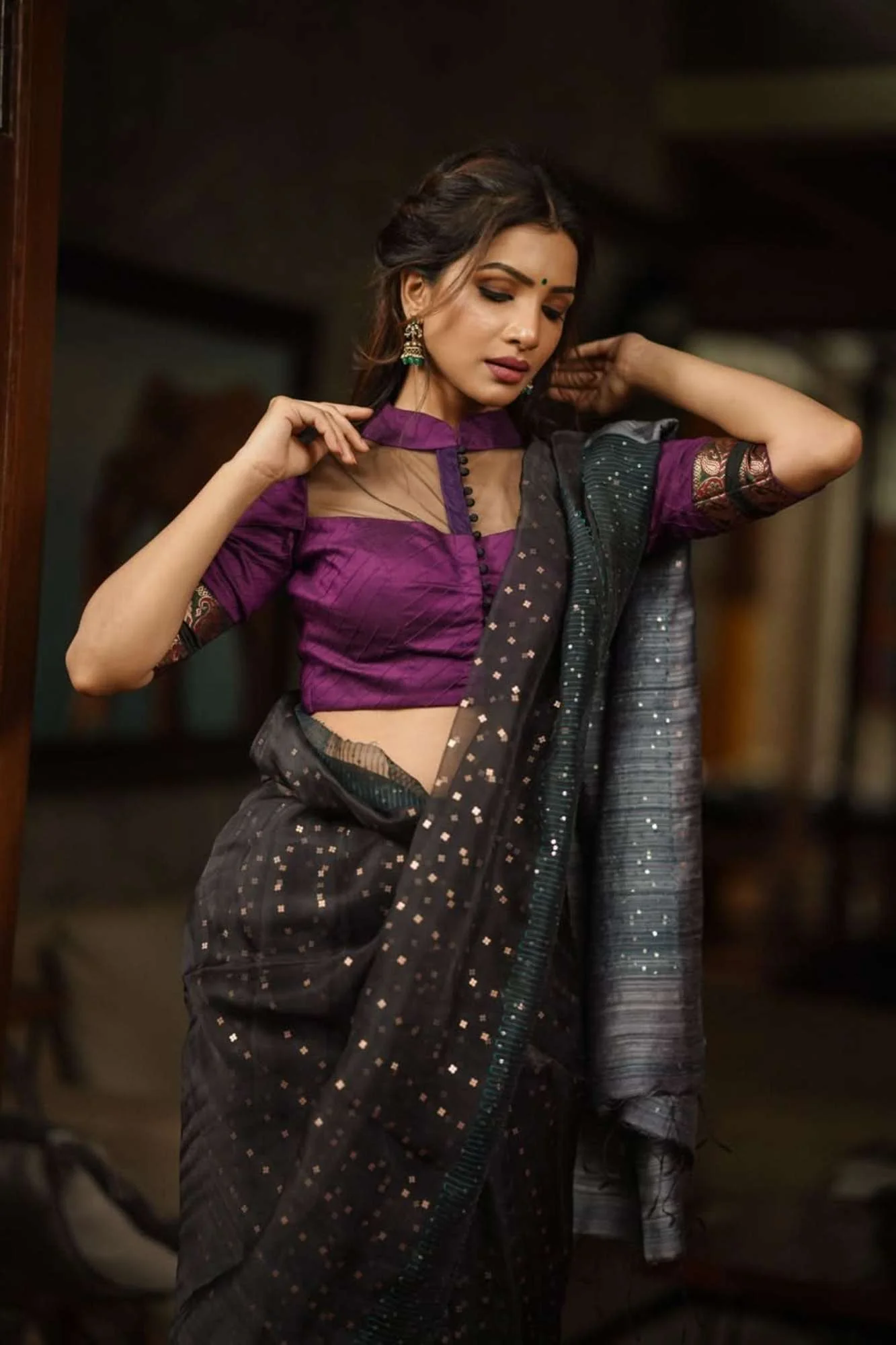 Grape rawsilk pintuck collar neck blouse with black net yoke, Made to Order - Image 3