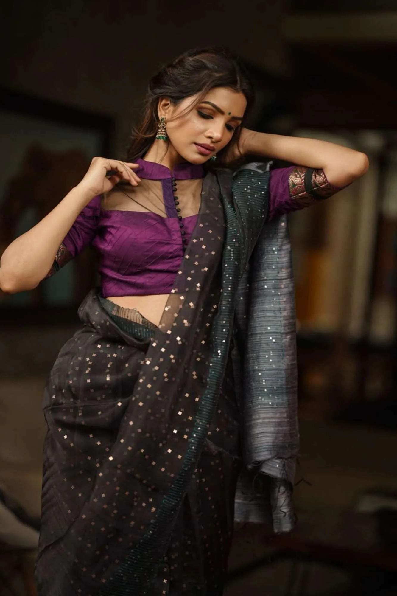 Grape rawsilk pintuck collar neck blouse with black net yoke, Made to Order - Image 5