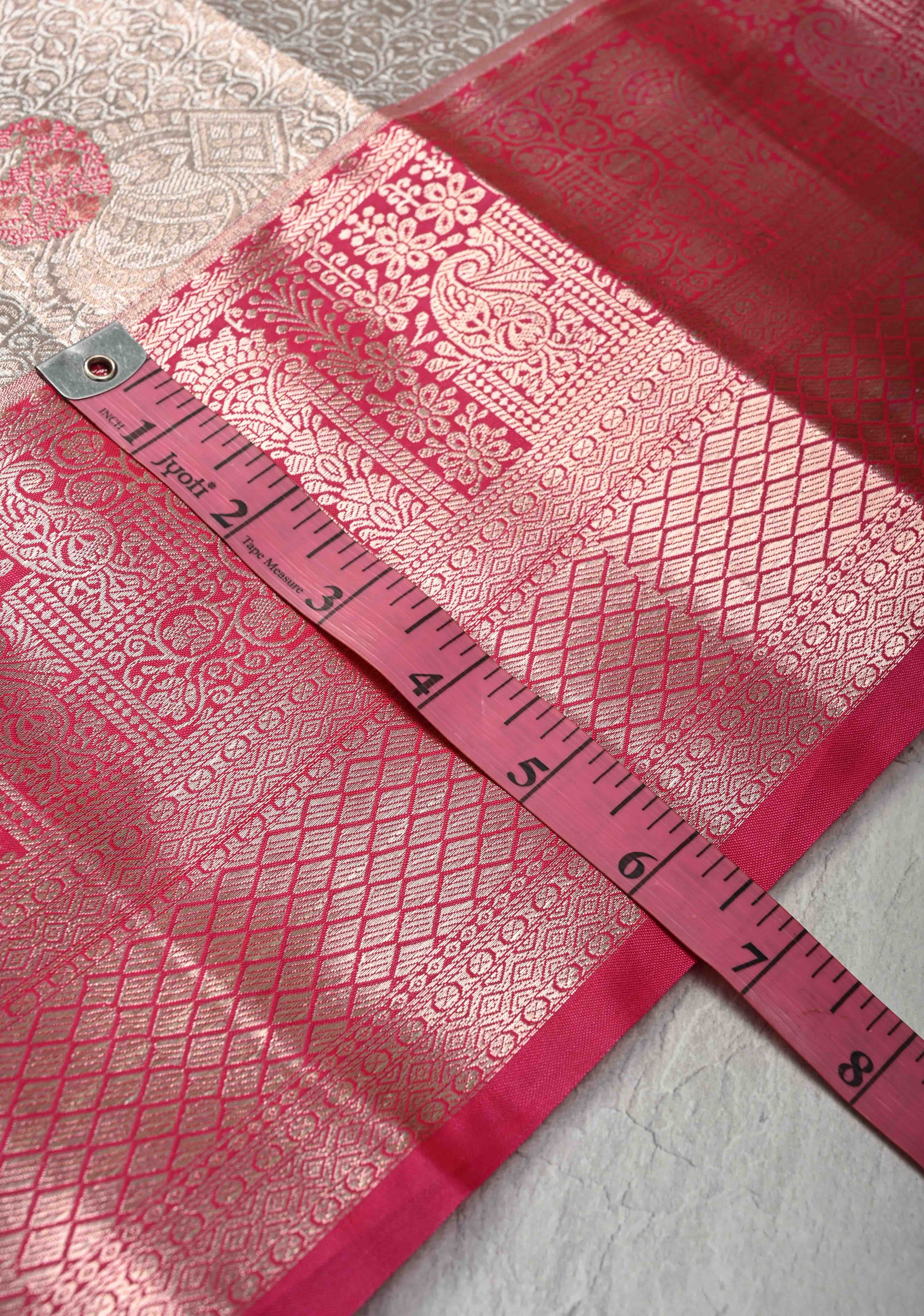 Taupe Brocade on Kanjivaram Tissue Semi Silk Saree with Contrast Zari Border | Shobitam - Image 4