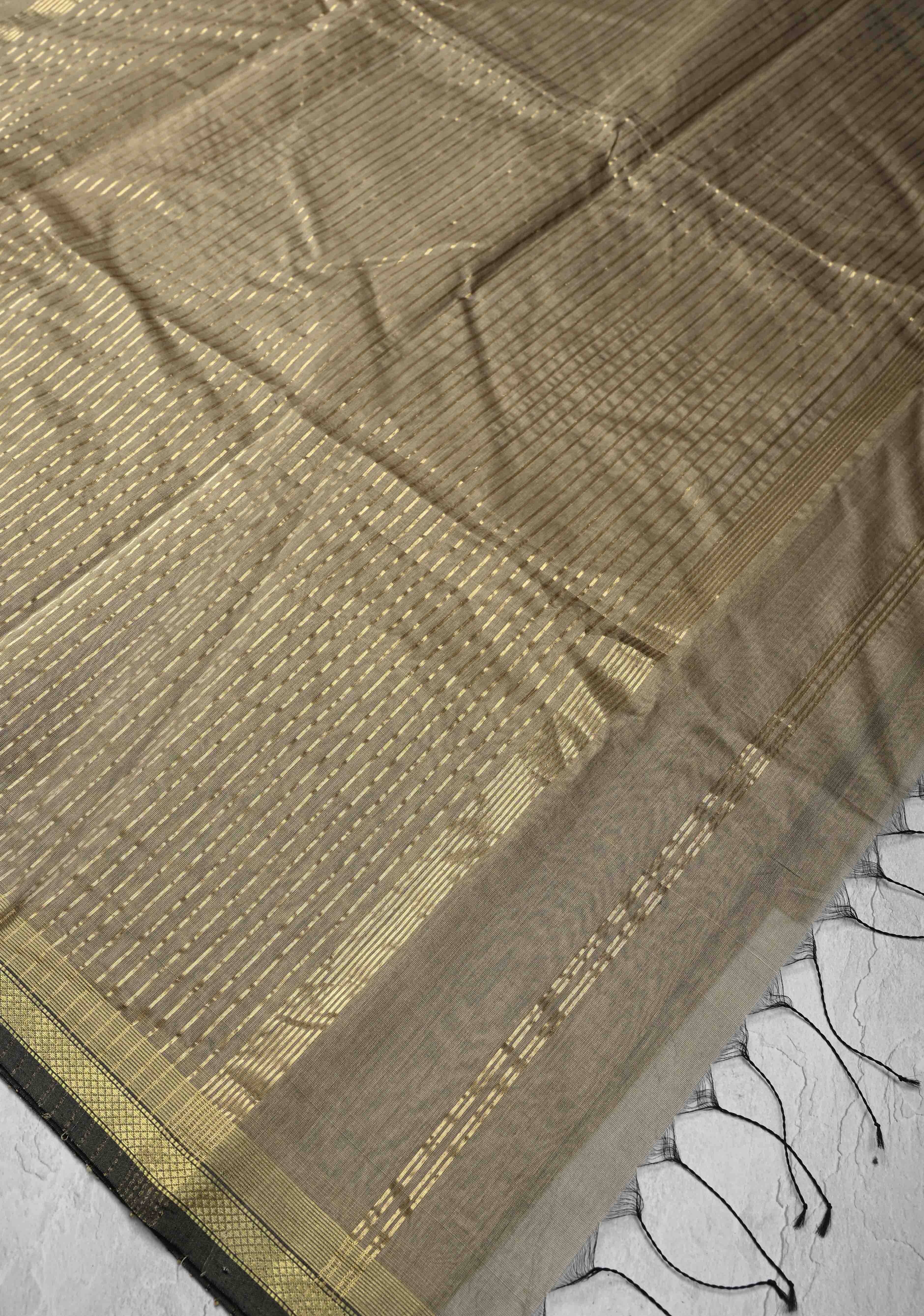 Grayish Brown Handwoven Maheshwari Silk Cotton Saree with Vertical Stripes And Minimal Zari Border | Shobitam - Image 7