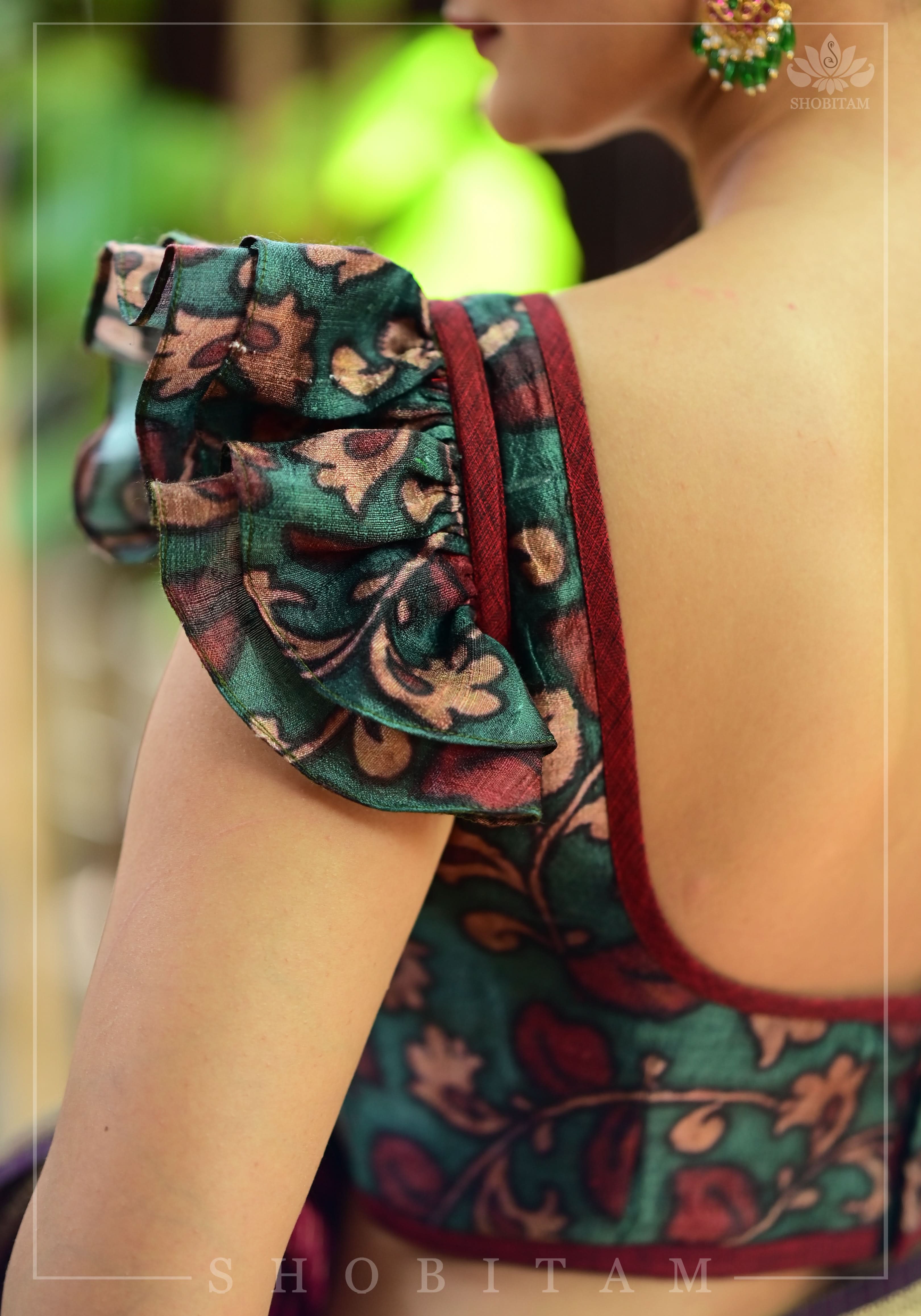 Grayish Teal Pure Raw Silk Blouse with Kalamkari Digital Print and Double Frill Sleeves - Image 6