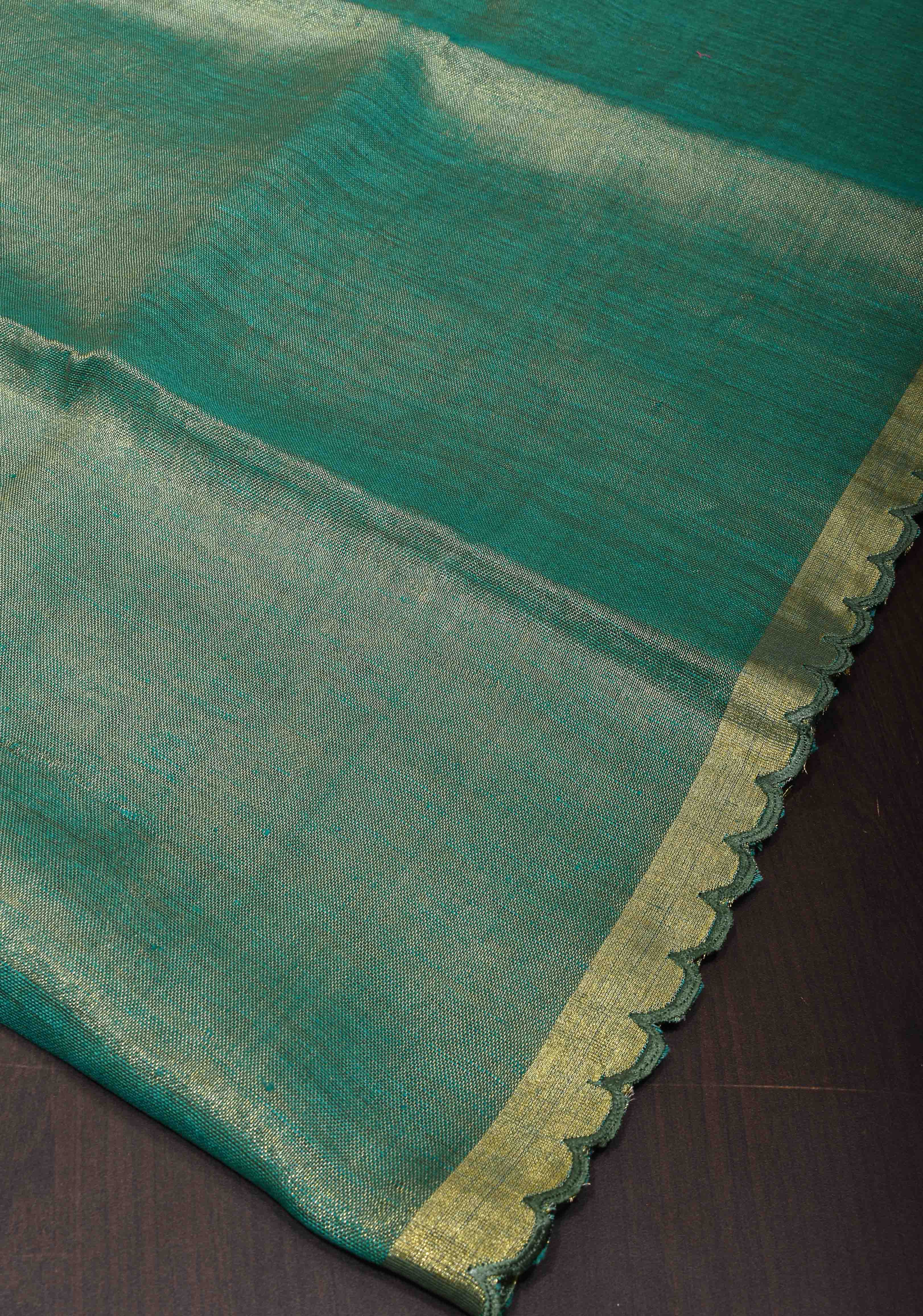 Green and Gold Tissue Linen Saree with Scallop border | Shobitam - Image 5