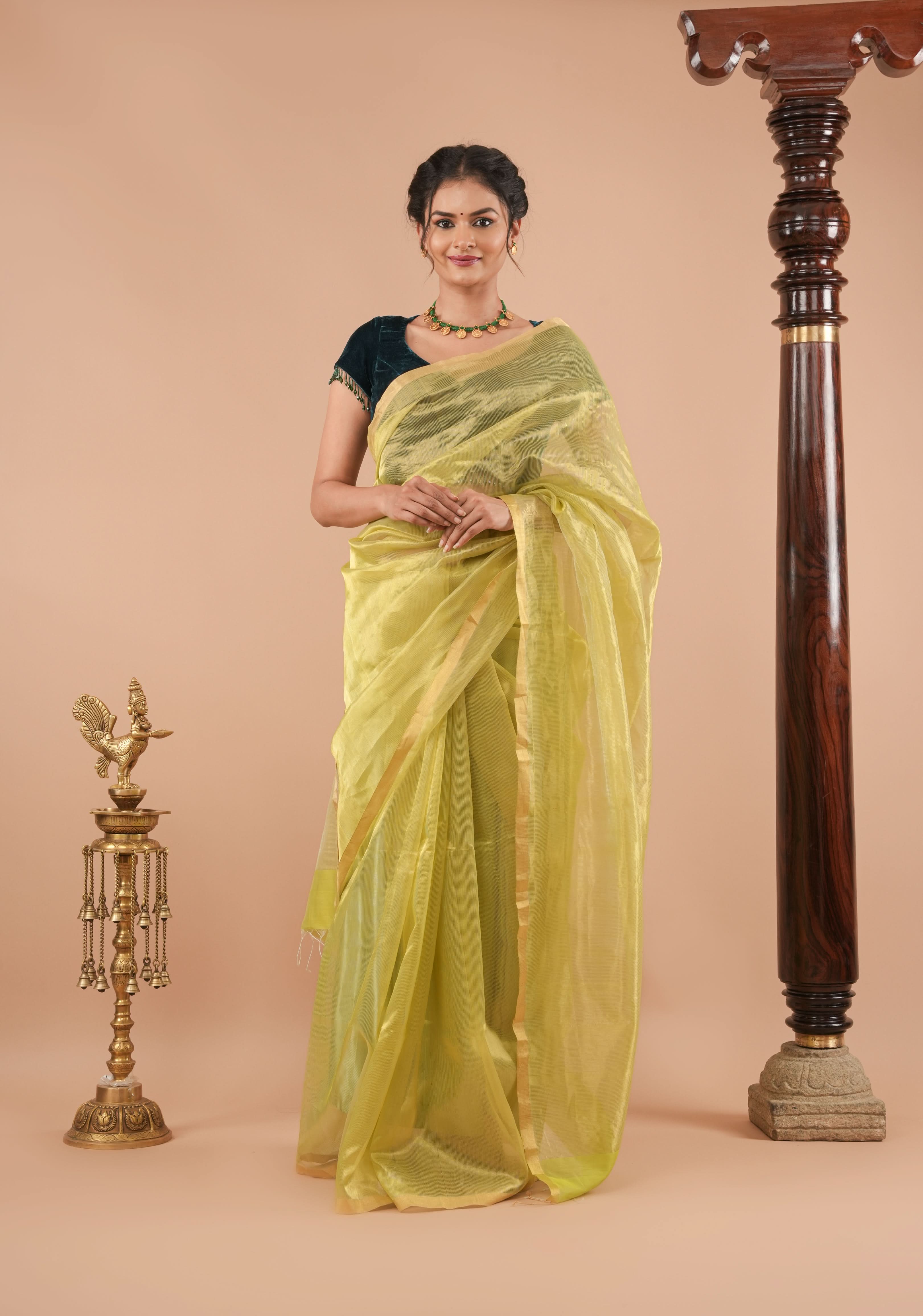 Pistachio Green and Gold  Half and Half Tissue Stripes Maheshwari Silk Cotton Saree | Shobitam - Image 2