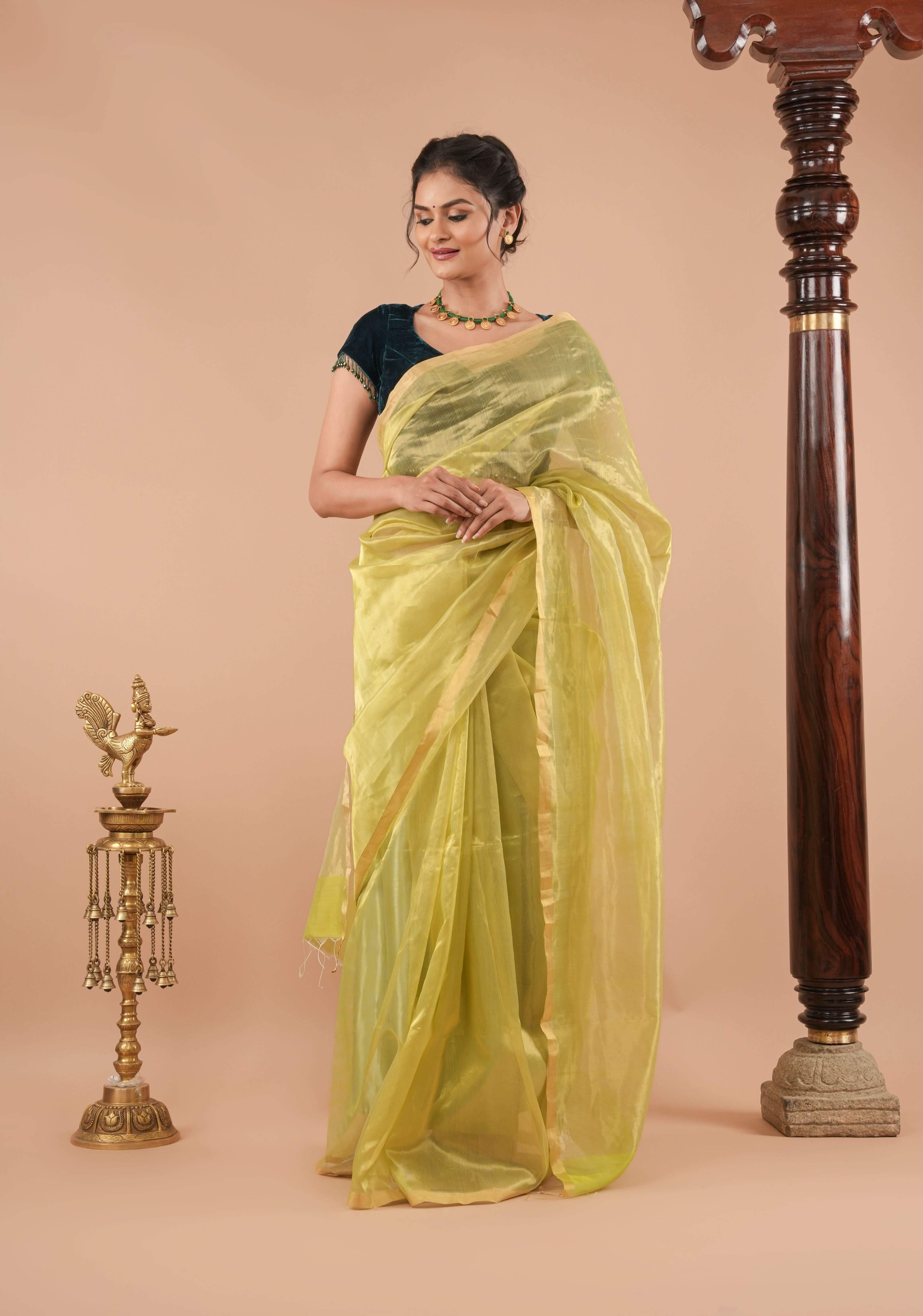Pistachio Green and Gold  Half and Half Tissue Stripes Maheshwari Silk Cotton Saree | Shobitam - Image 3