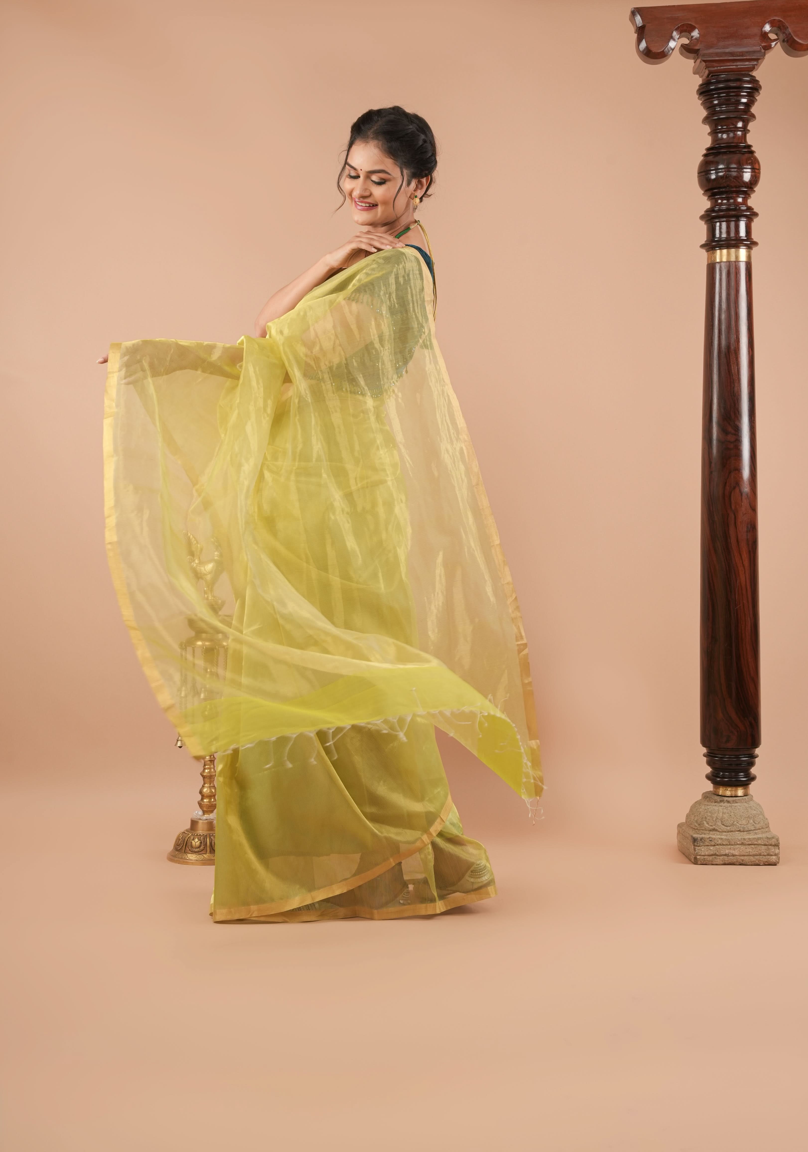Pistachio Green and Gold  Half and Half Tissue Stripes Maheshwari Silk Cotton Saree | Shobitam - Image 4