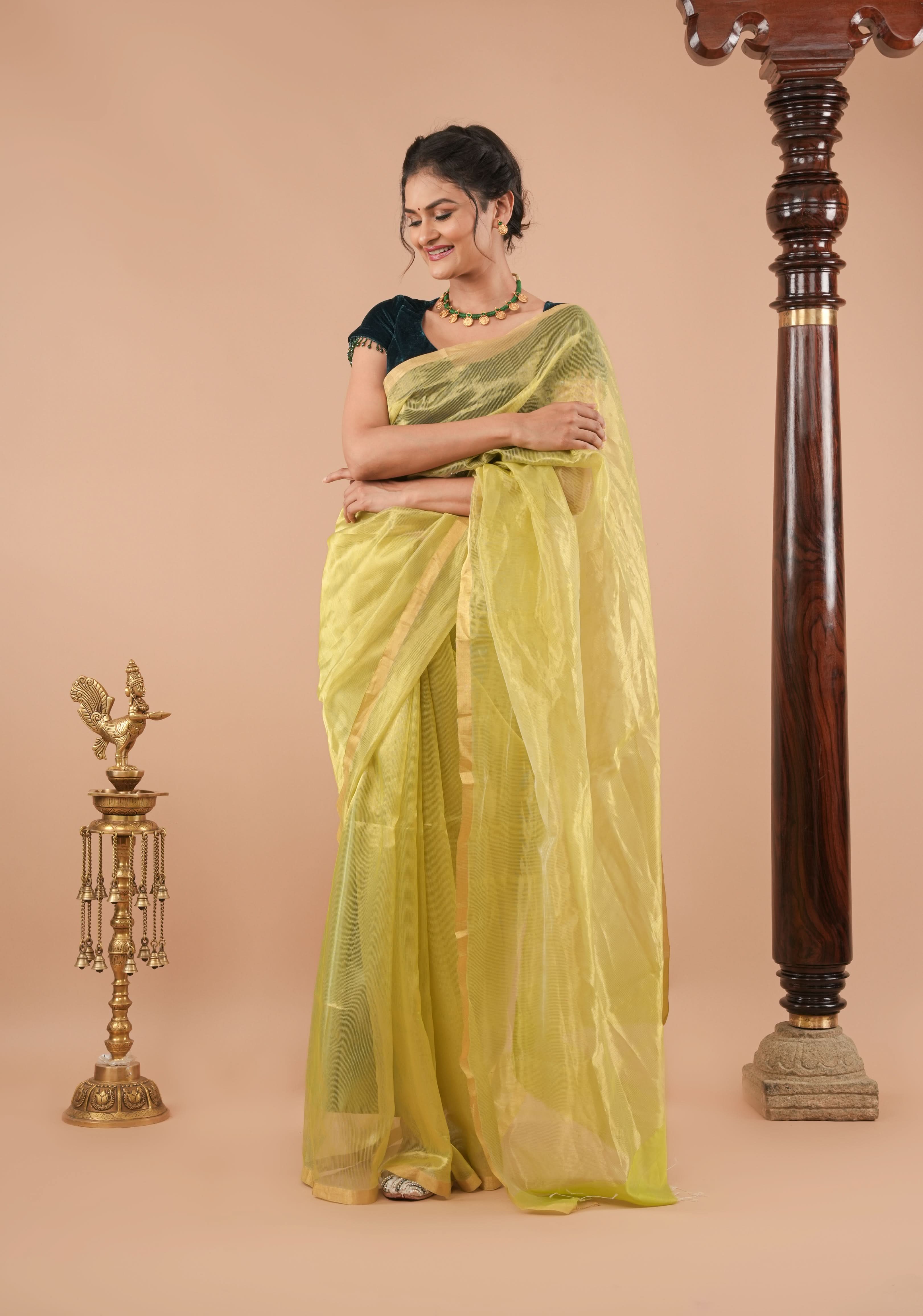 Pistachio Green and Gold  Half and Half Tissue Stripes Maheshwari Silk Cotton Saree | Shobitam - Image 7