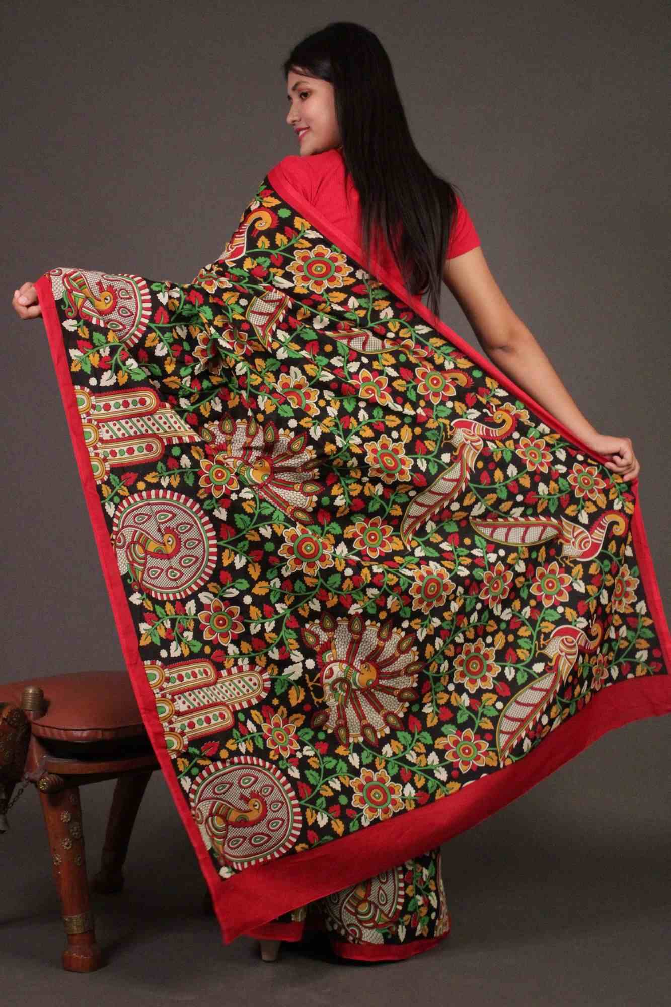 Green and madhubani printed cotton mul mul half and half wrap in 1 minute saree - Image 3