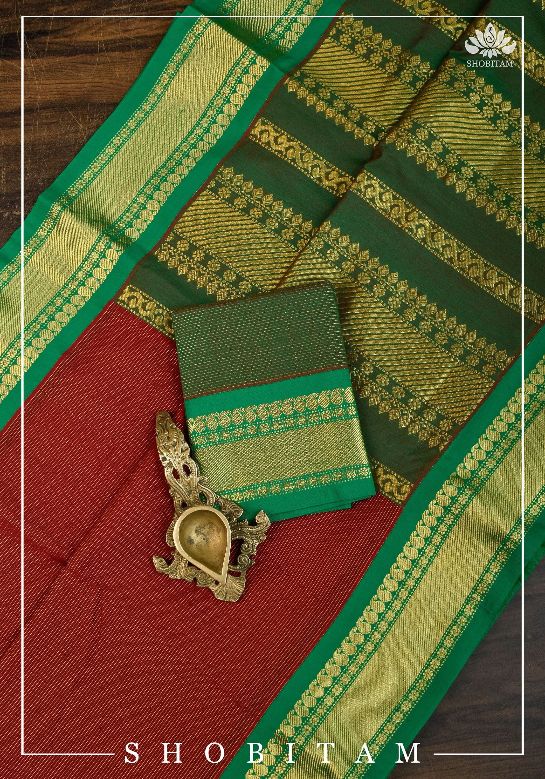 Green and Red Vairaoosi Cotton Silk Saree | Shobitam Saree - Image 5