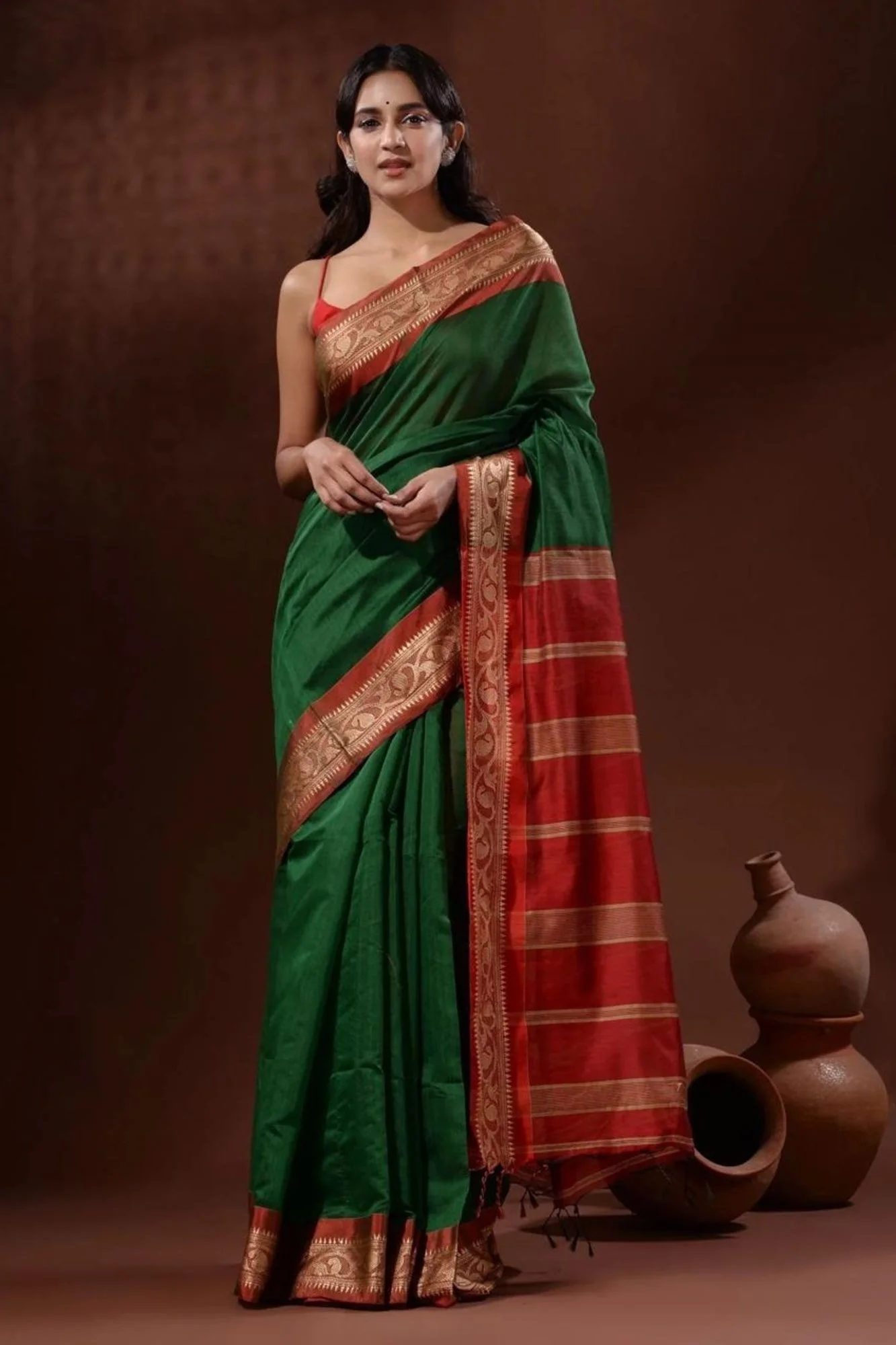 Green Cotton Silk with Red Zari Border & Striped Pallu Ready To Wear Saree - Image 11