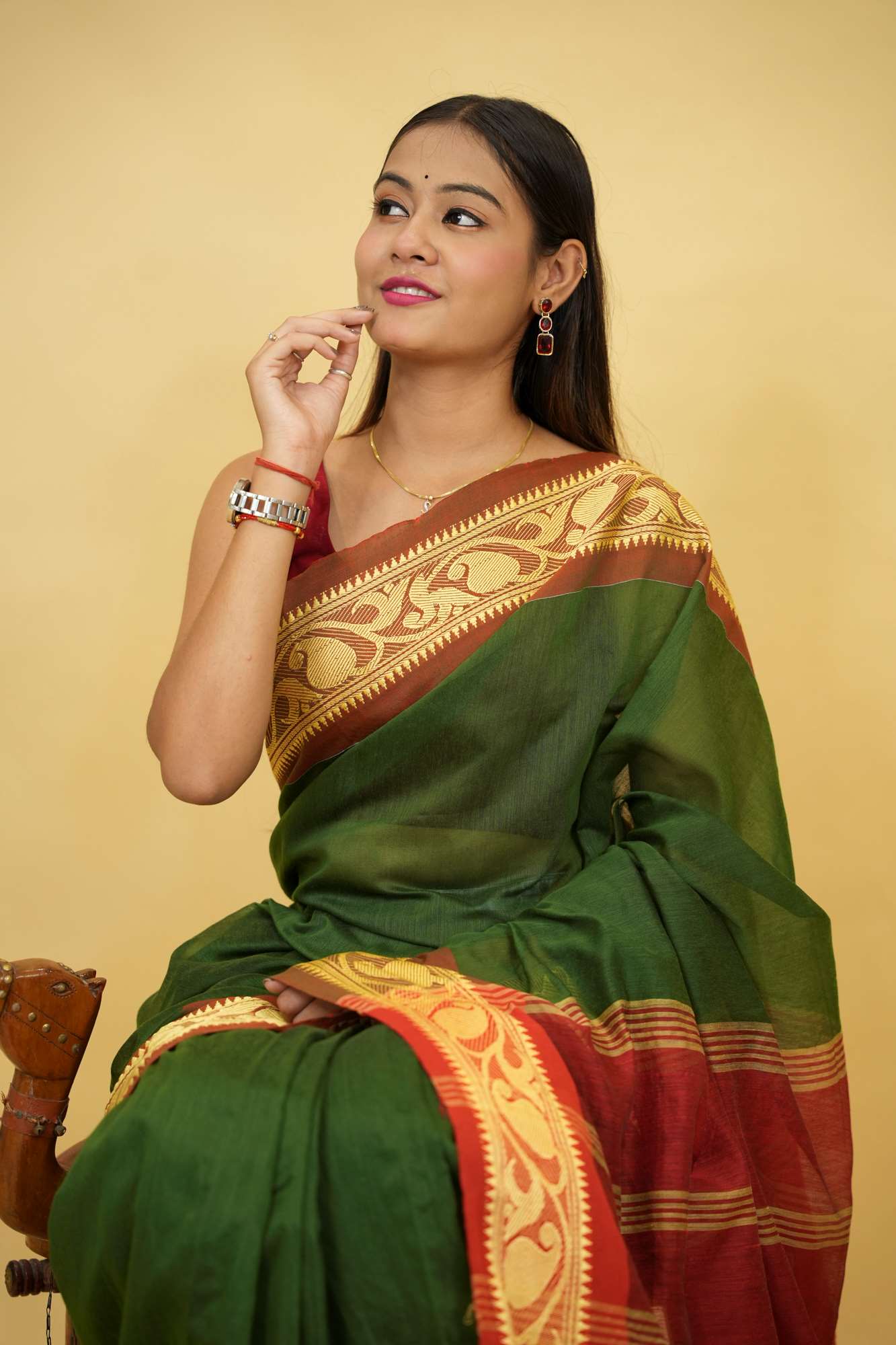 Green Cotton Silk with Red Zari Border & Striped Pallu Ready To Wear Saree - Image 9
