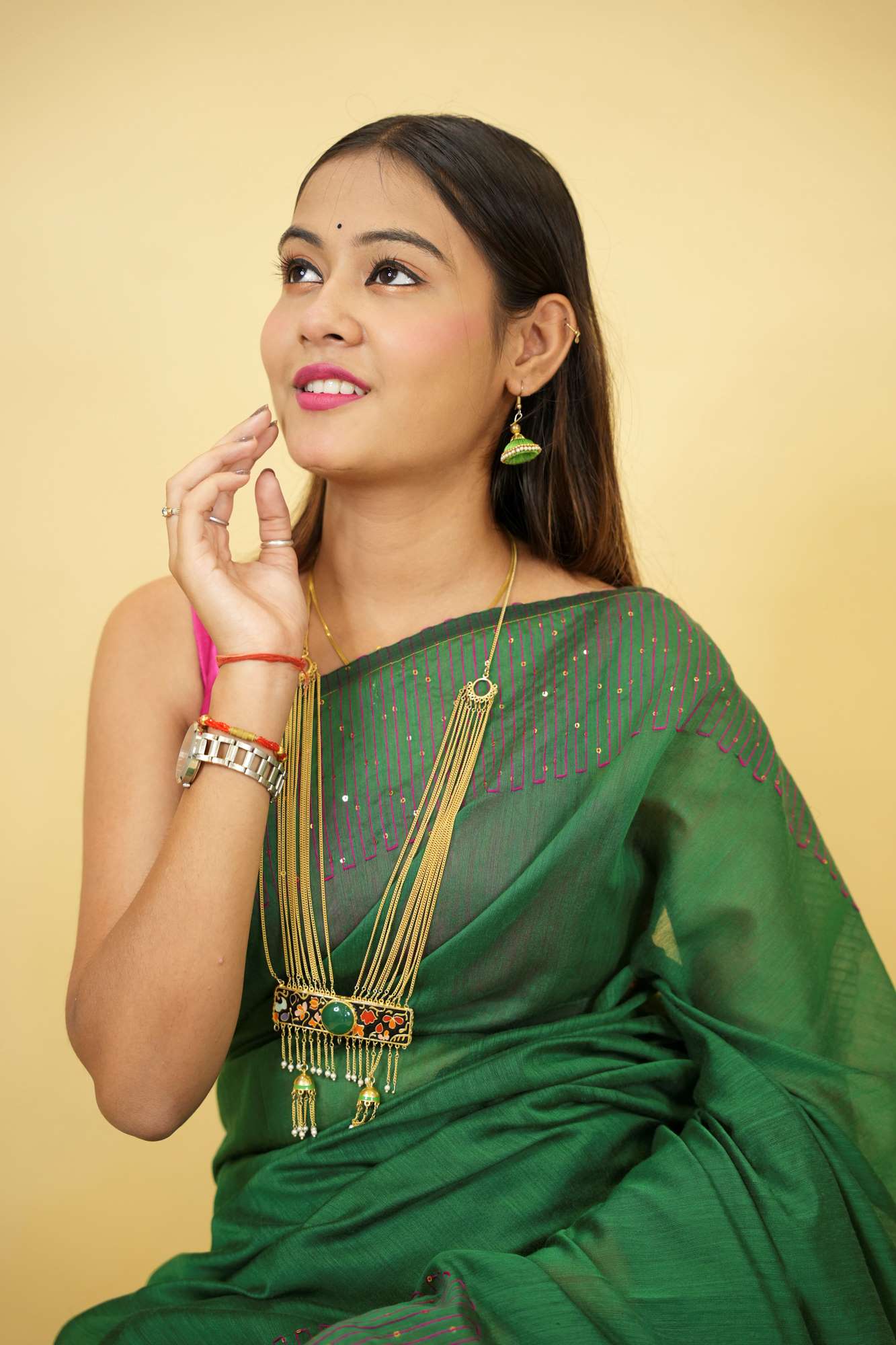 Cotton silk with Pink Thread Embroidery and Subtle Sequin Detailing Ready To Wear Saree - Image 8