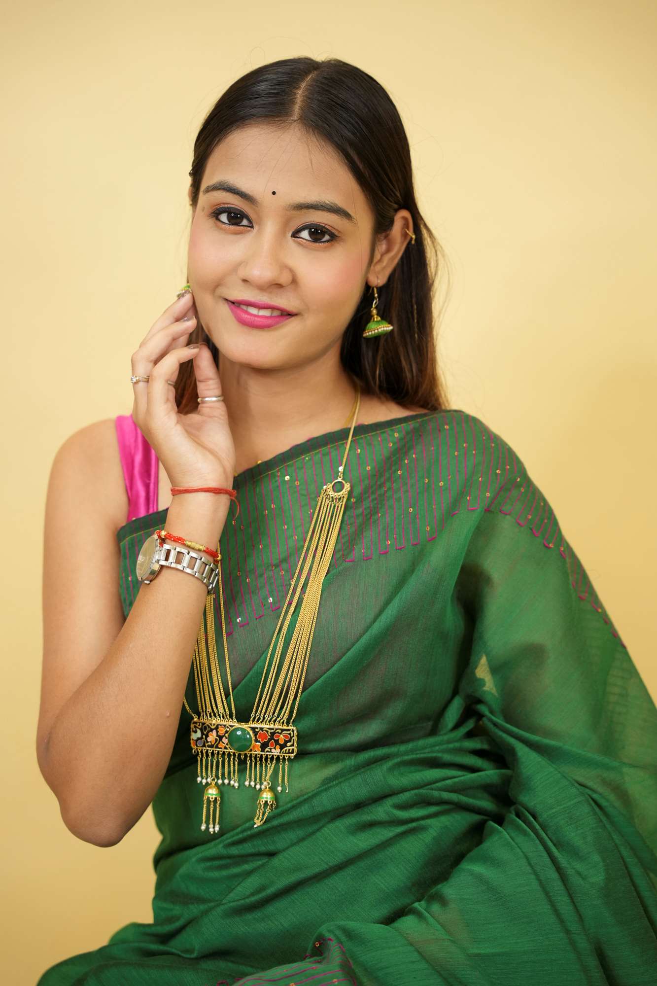 Cotton silk with Pink Thread Embroidery and Subtle Sequin Detailing Ready To Wear Saree - Image 9