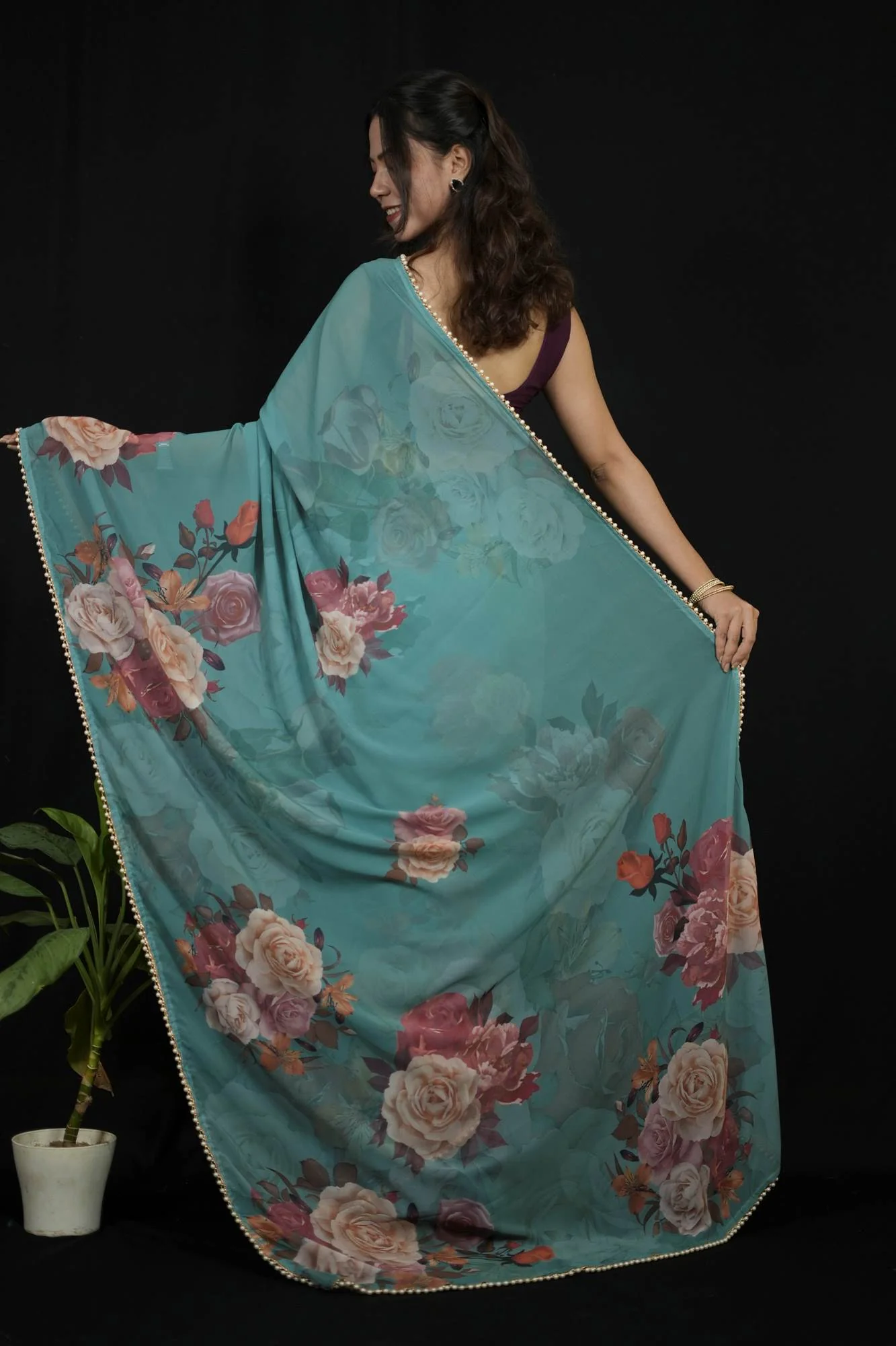 Green Georgette Floral Printed with Pearl Lace Border - Image 6
