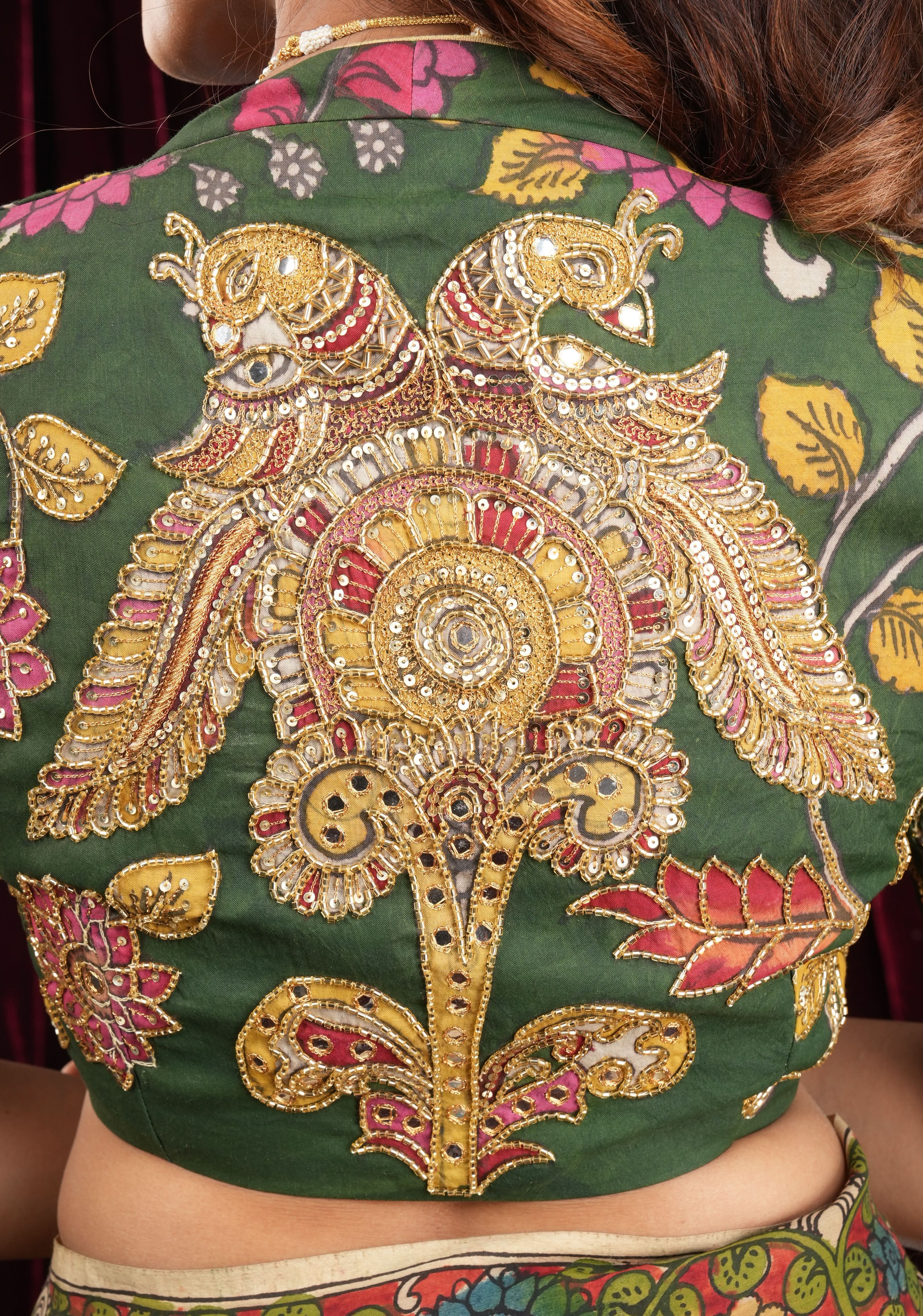 Pure Pen Kalamkari Blouse in olive green with peacock motifs and cutdana sequin hand work | Shobitam - Image 2