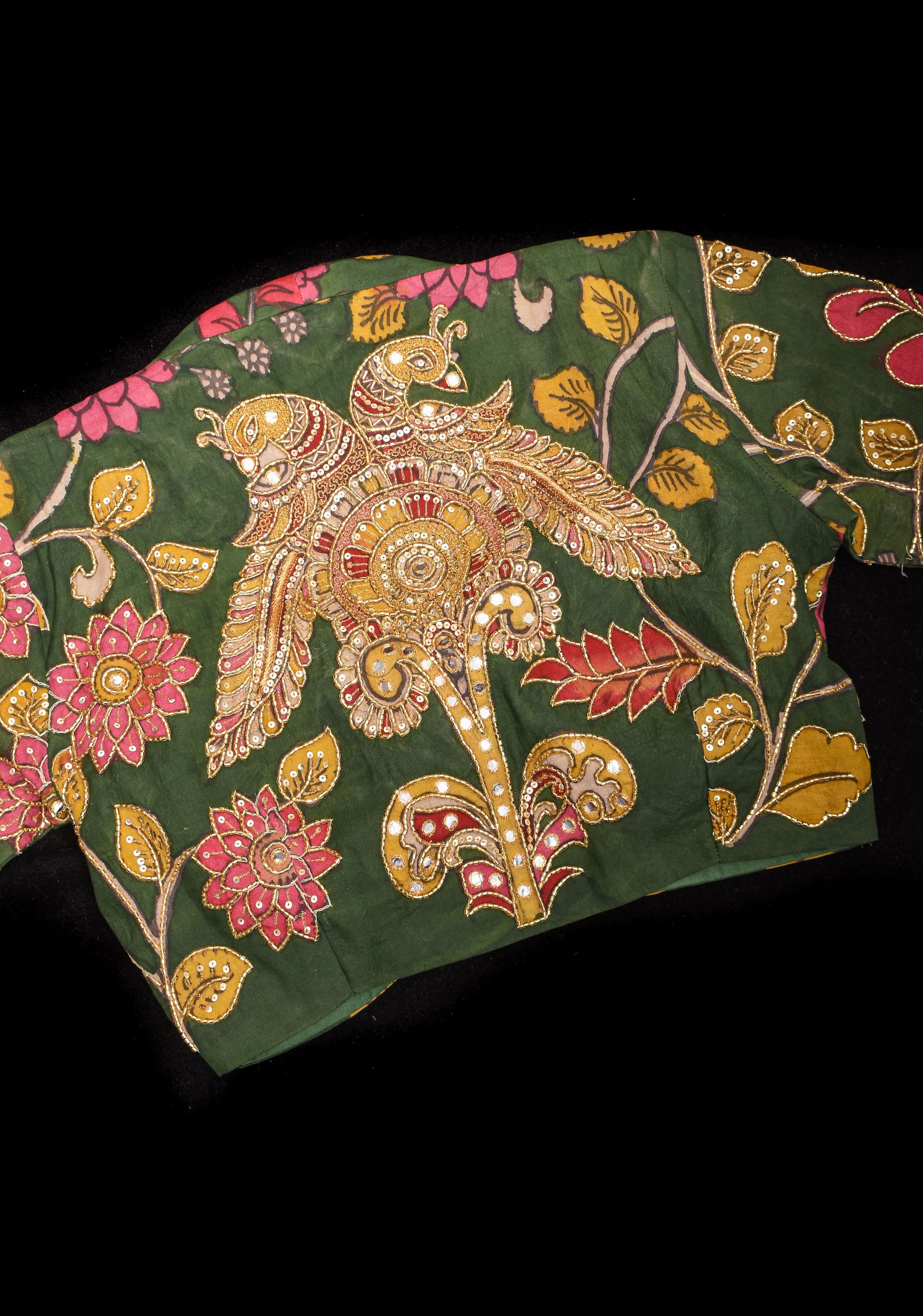 Pure Pen Kalamkari Blouse in olive green with peacock motifs and cutdana sequin hand work | Shobitam - Image 9