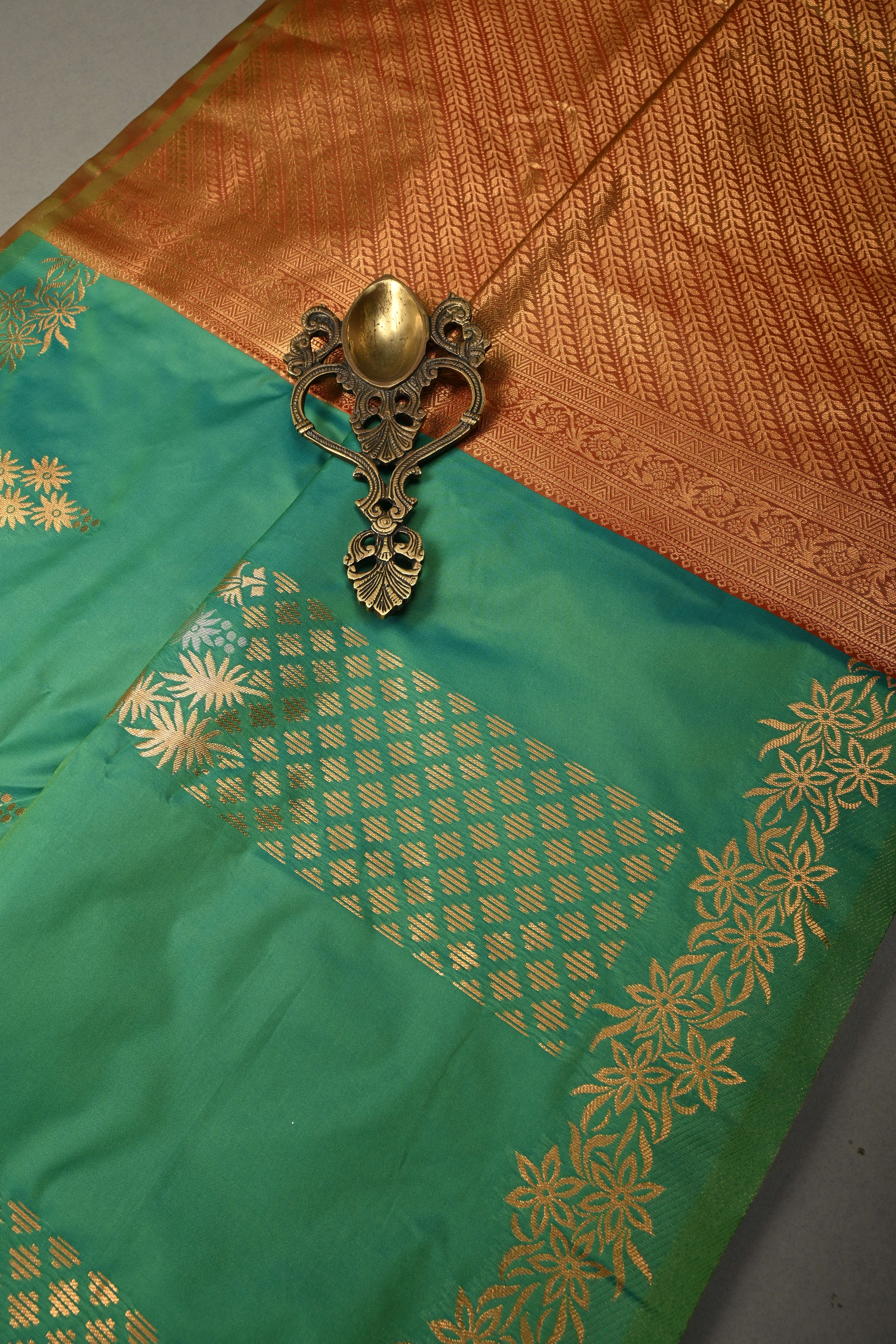 Green Kanchi Semi Silk Saree with Floral Zari Buttas and Gold-Silver Motifs on Border | Shobitam - Image 2