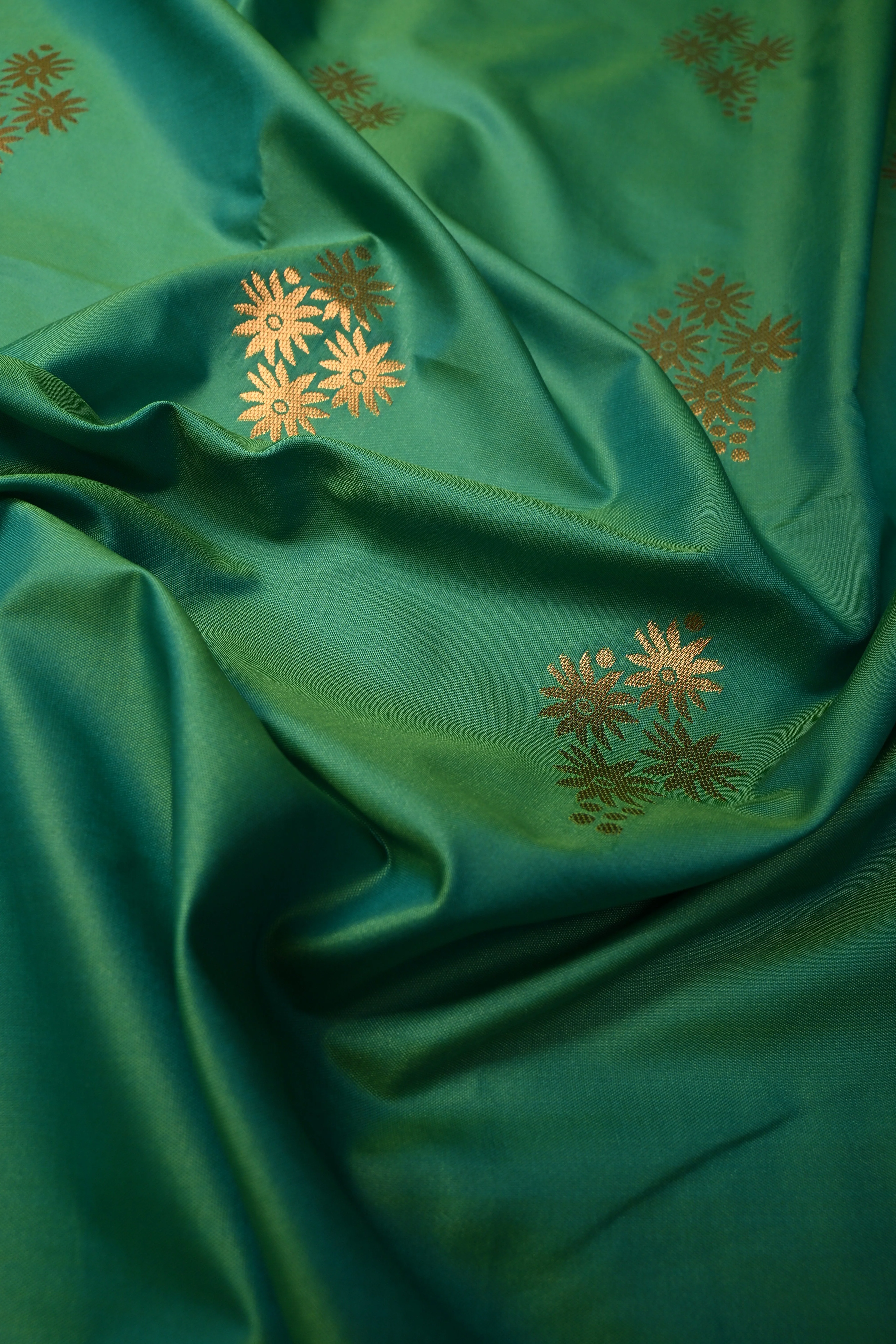 Green Kanchi Semi Silk Saree with Floral Zari Buttas and Gold-Silver Motifs on Border | Shobitam - Image 3