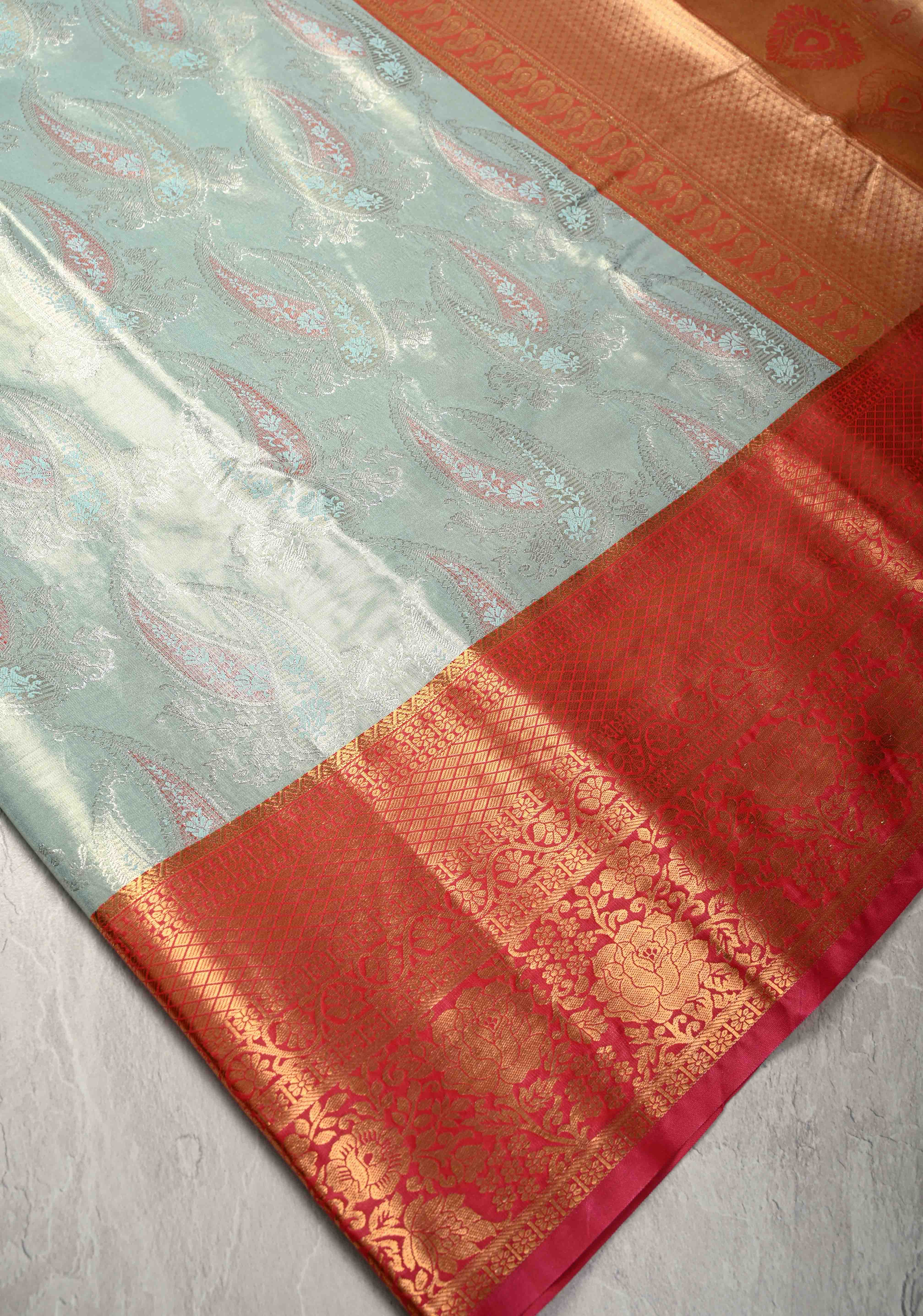 Pastel Green Kanjivaram Tissue Semi Silk Saree with Meenakari Brocade and Contrast Zari Border | Shobitam - Image 4
