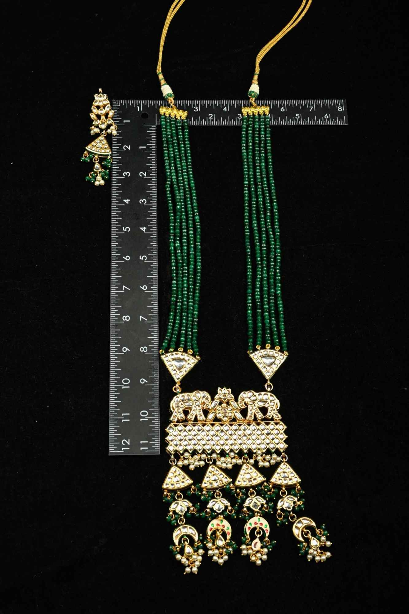 Green Multistrand Necklace Set with Elephant Designer Kundan Statement Pendant - Image 6