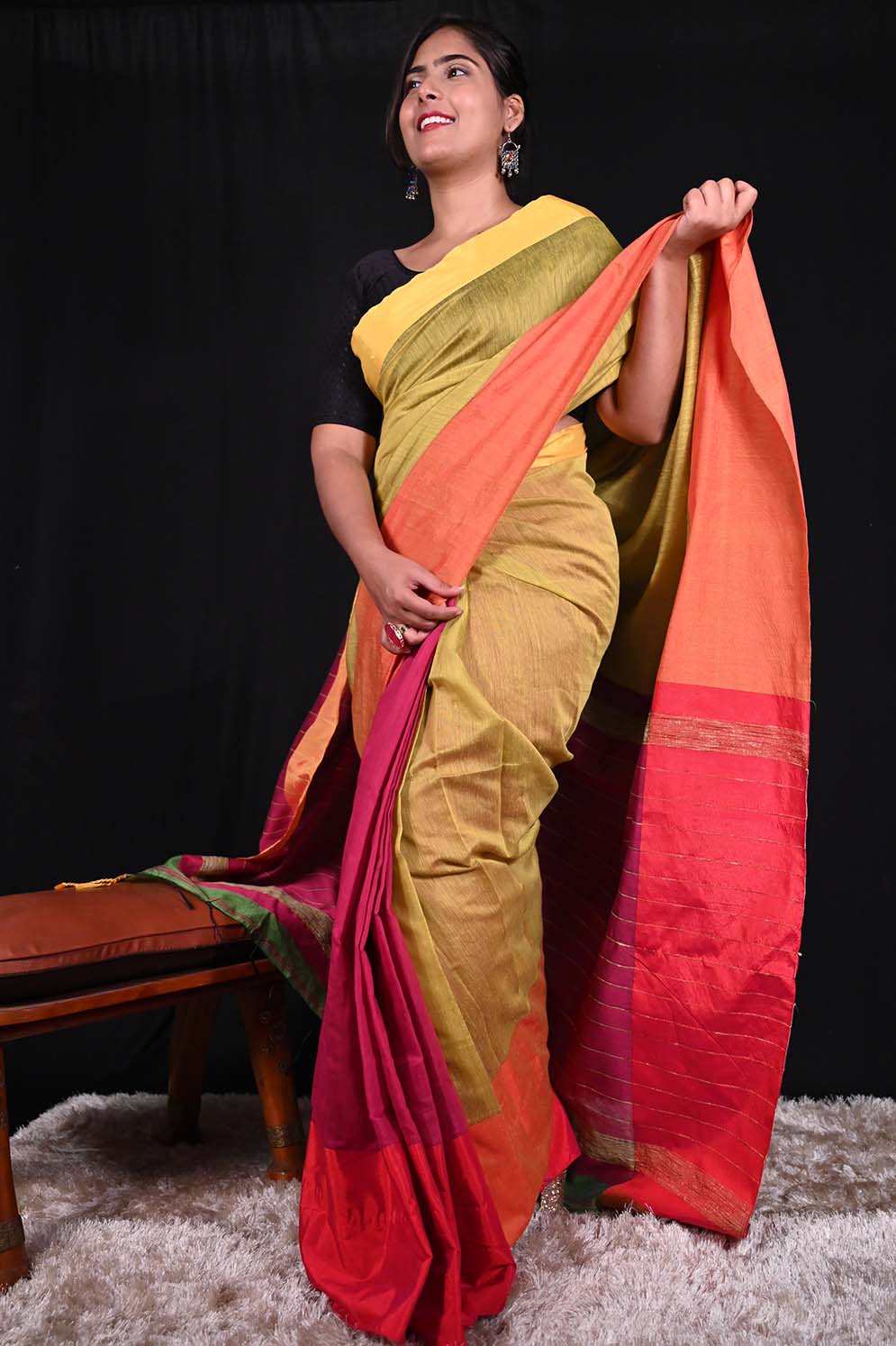 Green-Pink-Mustard Cotton Handloom Wrap in one minute saree - Image 4