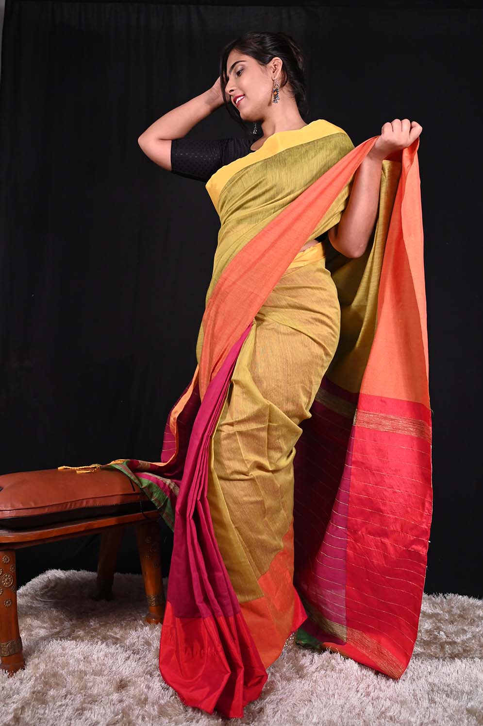 Green-Pink-Mustard Cotton Handloom Wrap in one minute saree - Image 5