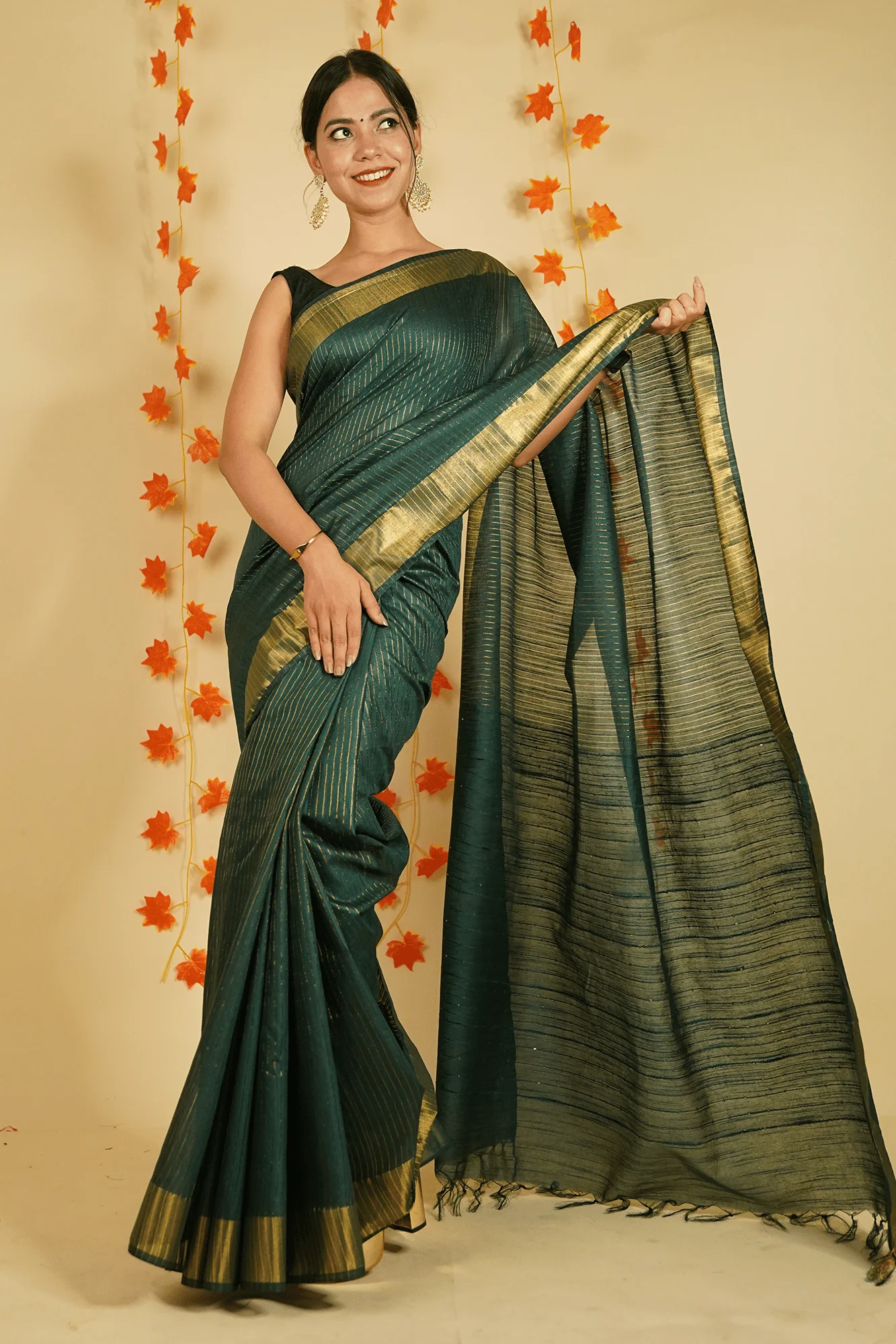 Green Premium Bhagalpuri Cotton Silk with woven zari and sequins all over Wrap in 1 minute saree - Image 3
