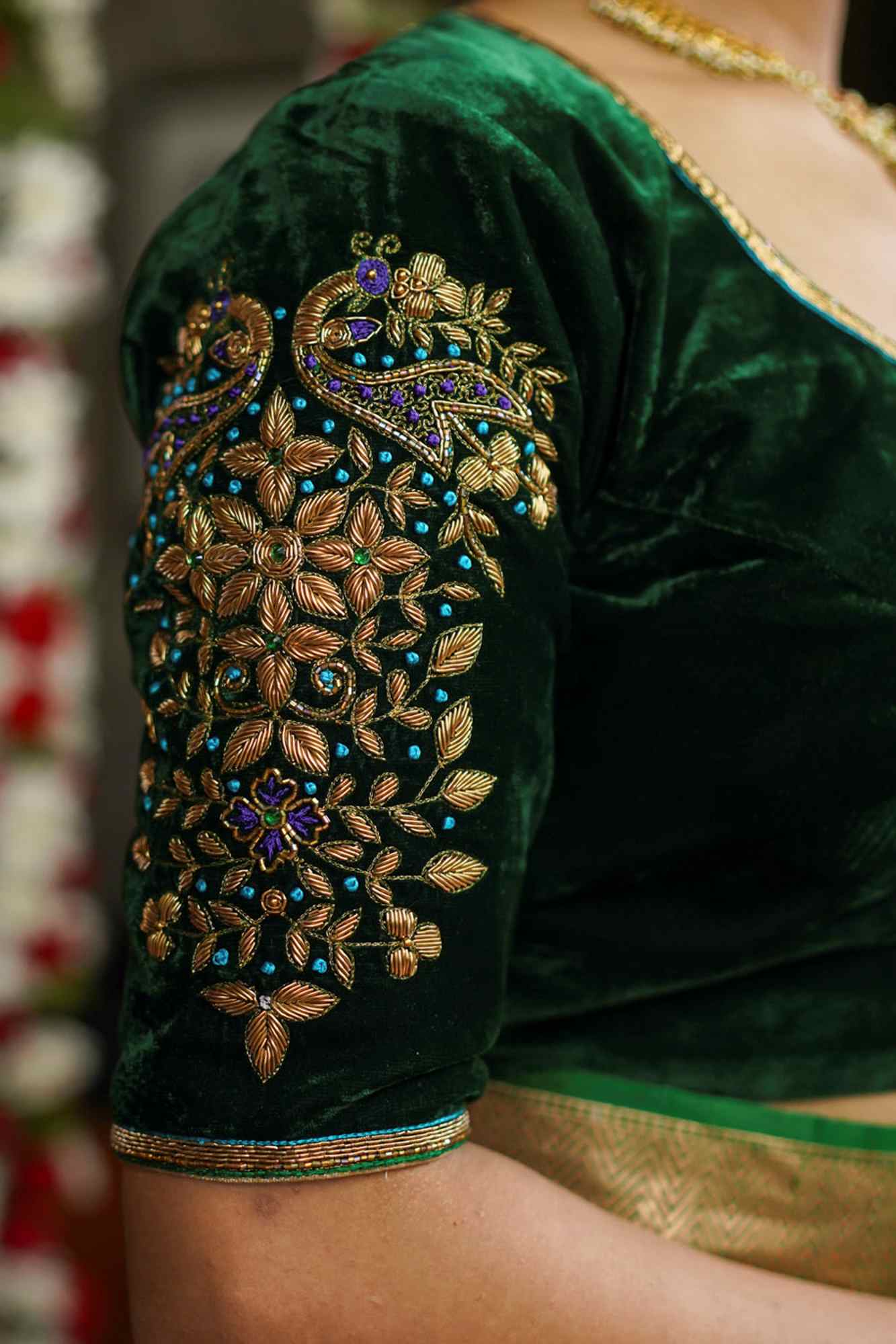 Green velvet sweetheart neck blouse with zardosi work - Image 3