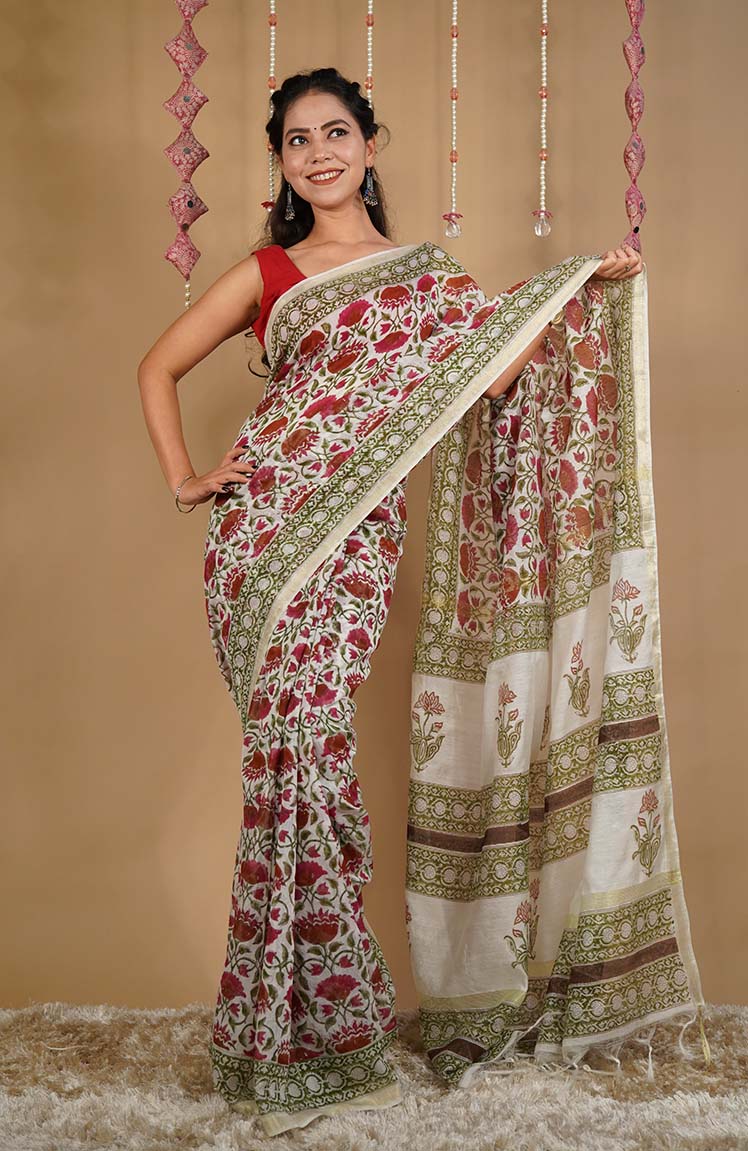 GREEN & WHITE SOFT LINEN HANDBLOCK PRINTED WRAP IN 1 MINUTE SAREE - Image 2