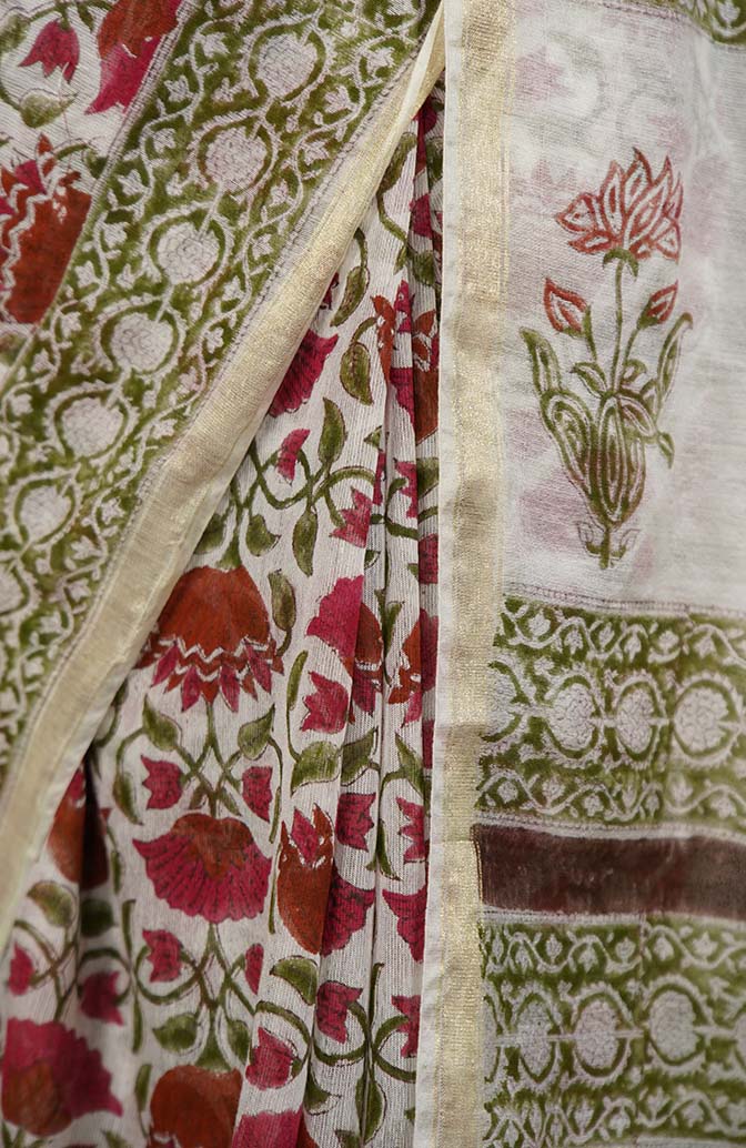 GREEN & WHITE SOFT LINEN HANDBLOCK PRINTED WRAP IN 1 MINUTE SAREE - Image 6